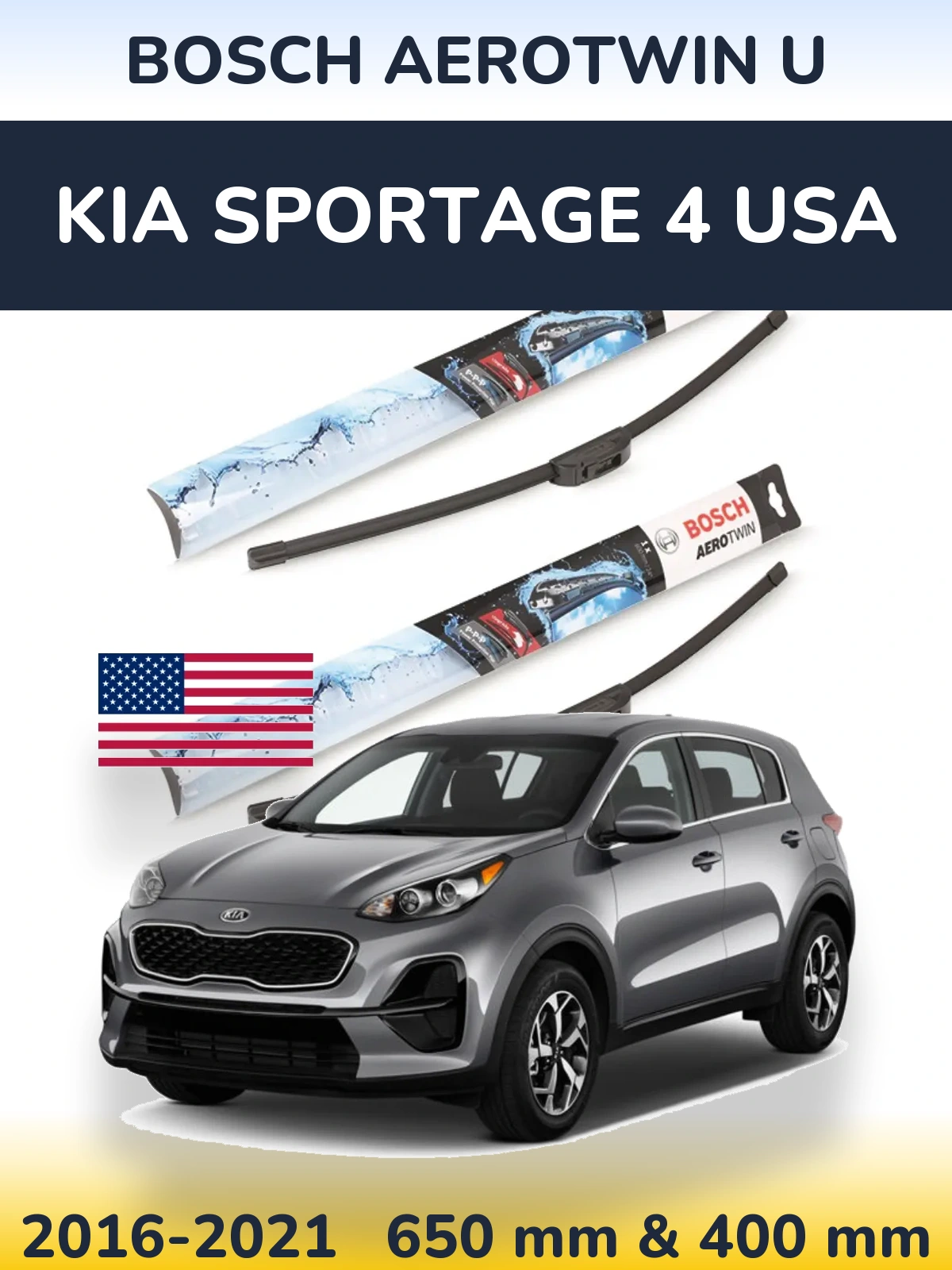 Front wiper blade set BOSCH AeroTwin U 650 & 400 mm for KIA Sportage 4 USA 2016-2021