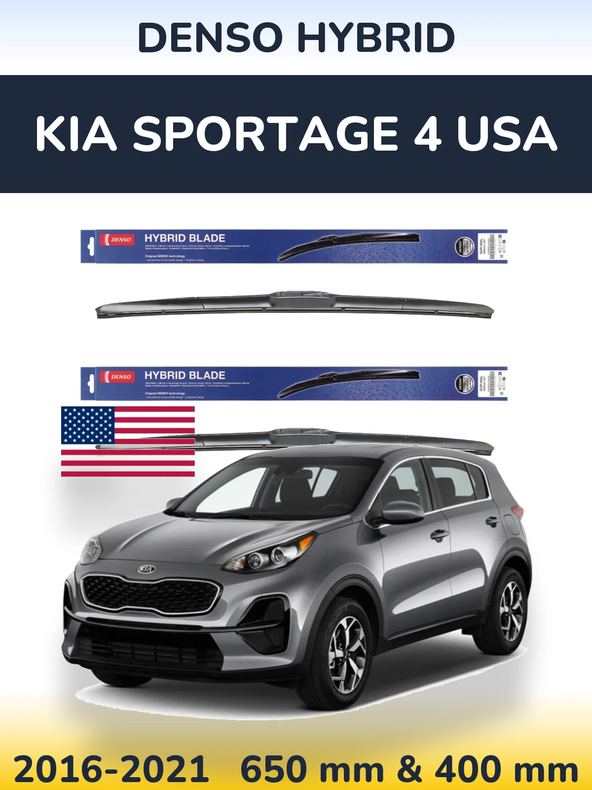 Front wiper blade set Denso Hybrid 650 & 400 mm for KIA Sportage 4 USA 2016-2021