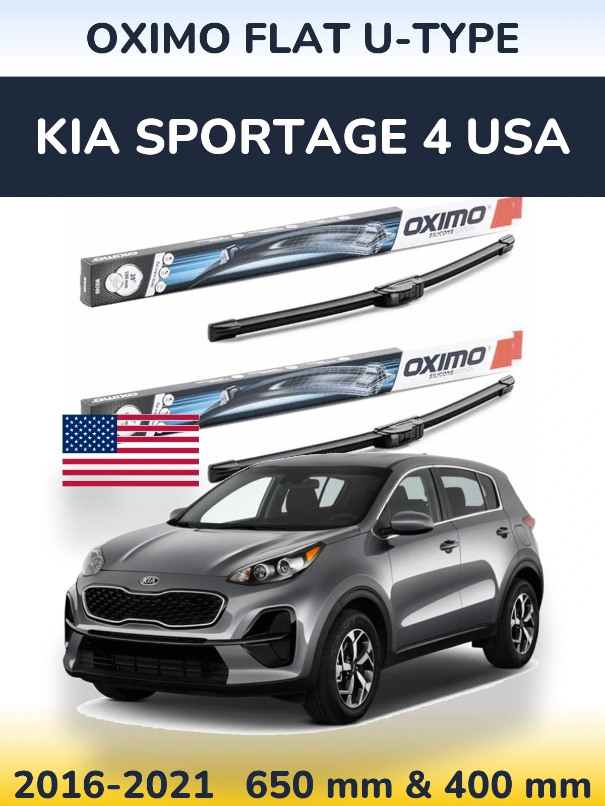 Front wiper blade set Oximo Flat U-type 650 & 400 mm for KIA Sportage 4 USA 2016-2021
