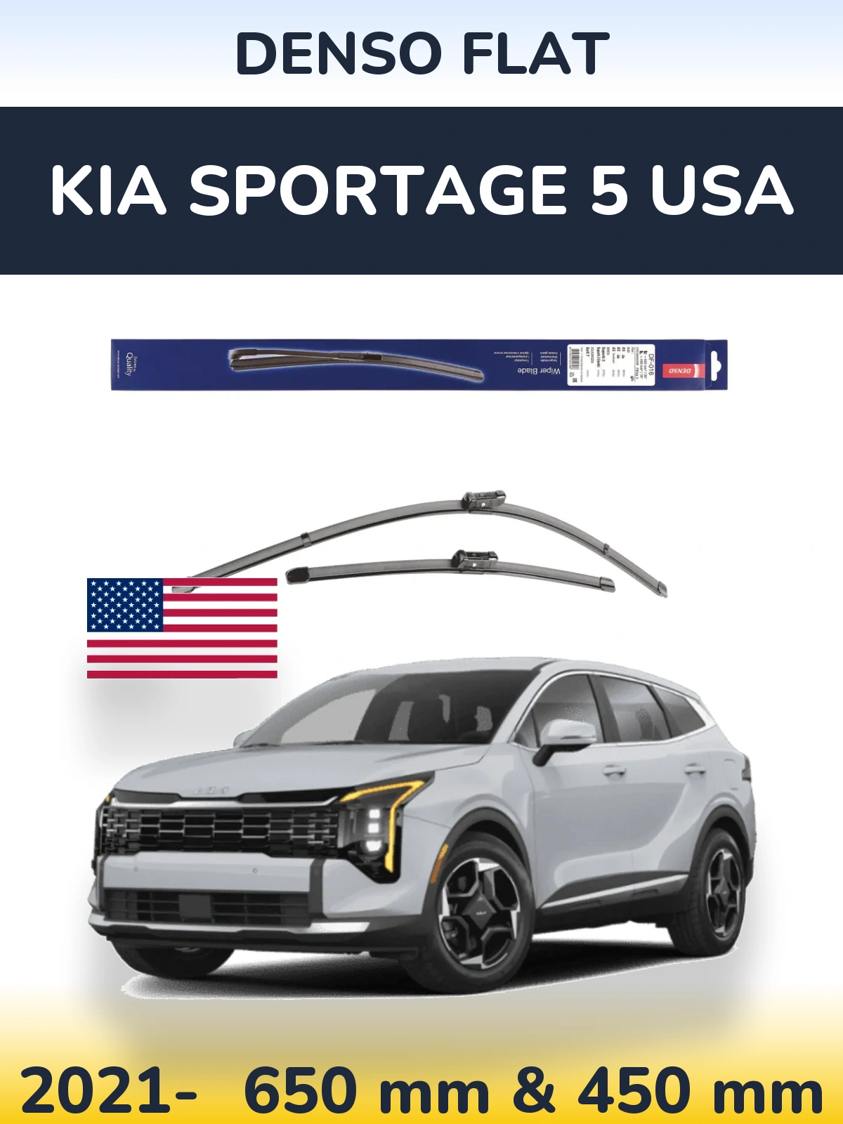 Front wiper blade set Denso Flat 650 & 450 mm for KIA Sportage 5 USA 2021-2026