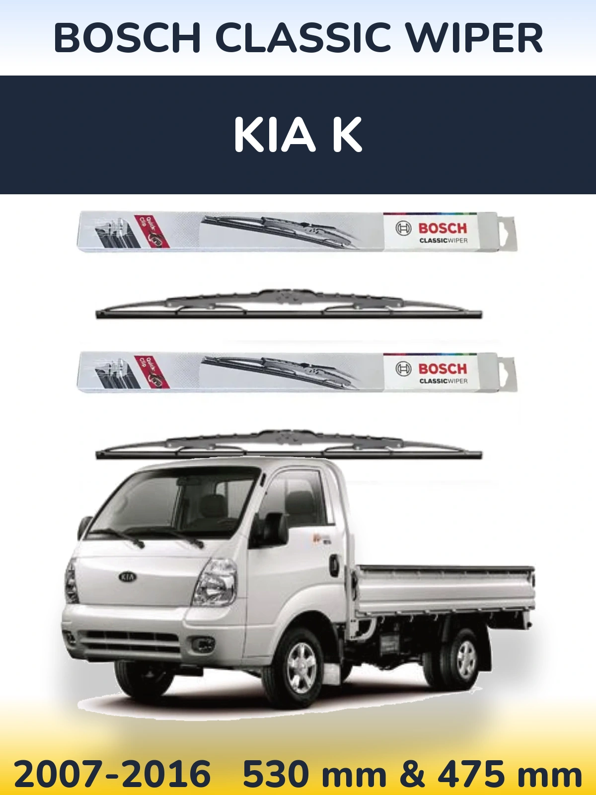 Front wiper blade set BOSCH Classic Wiper 530 & 475 mm for KIA K 2007-2016