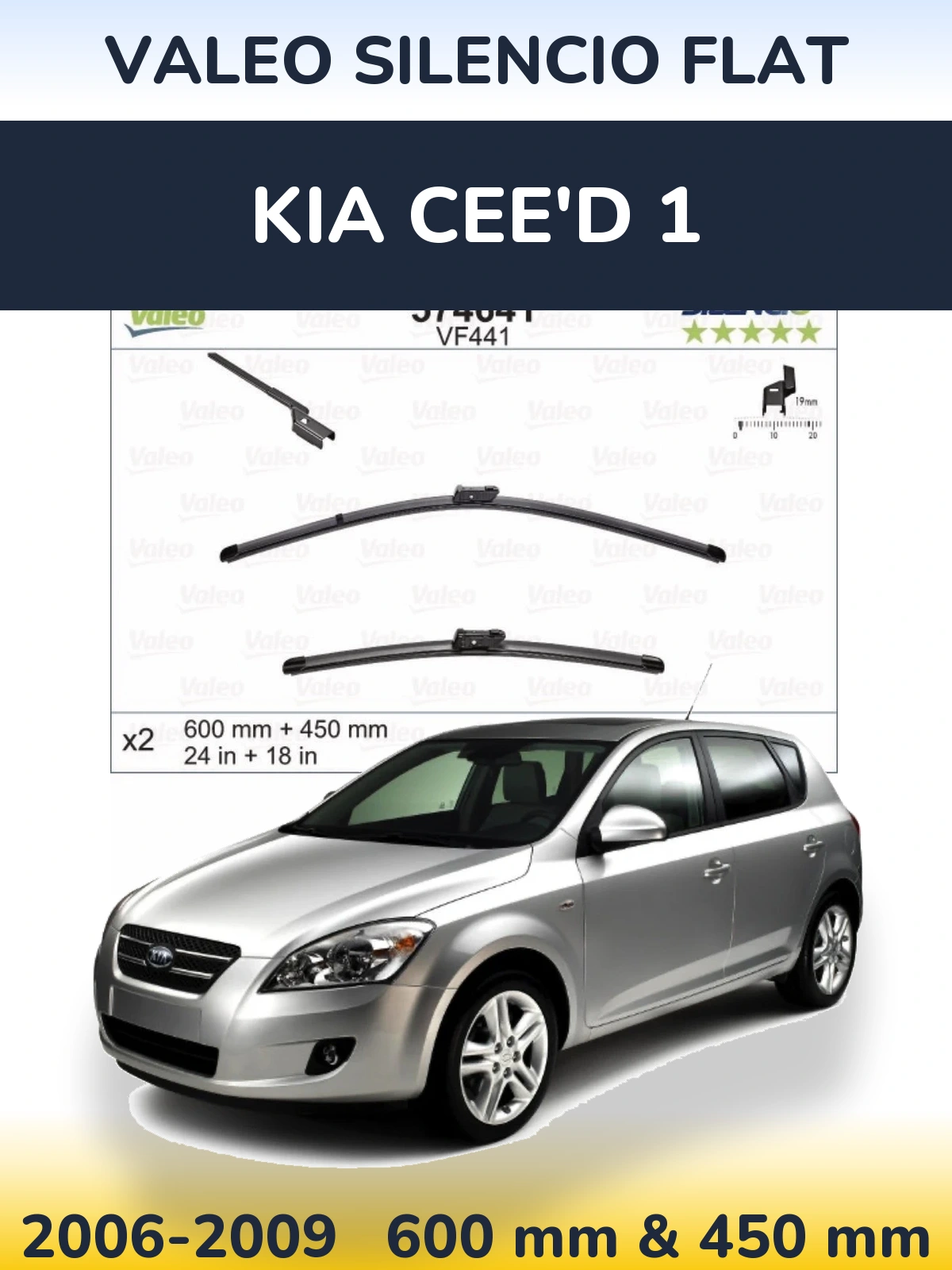 Front wiper blade set Valeo Silencio Flat 600 & 450 mm for KIA Cee'd 1 2006-2009