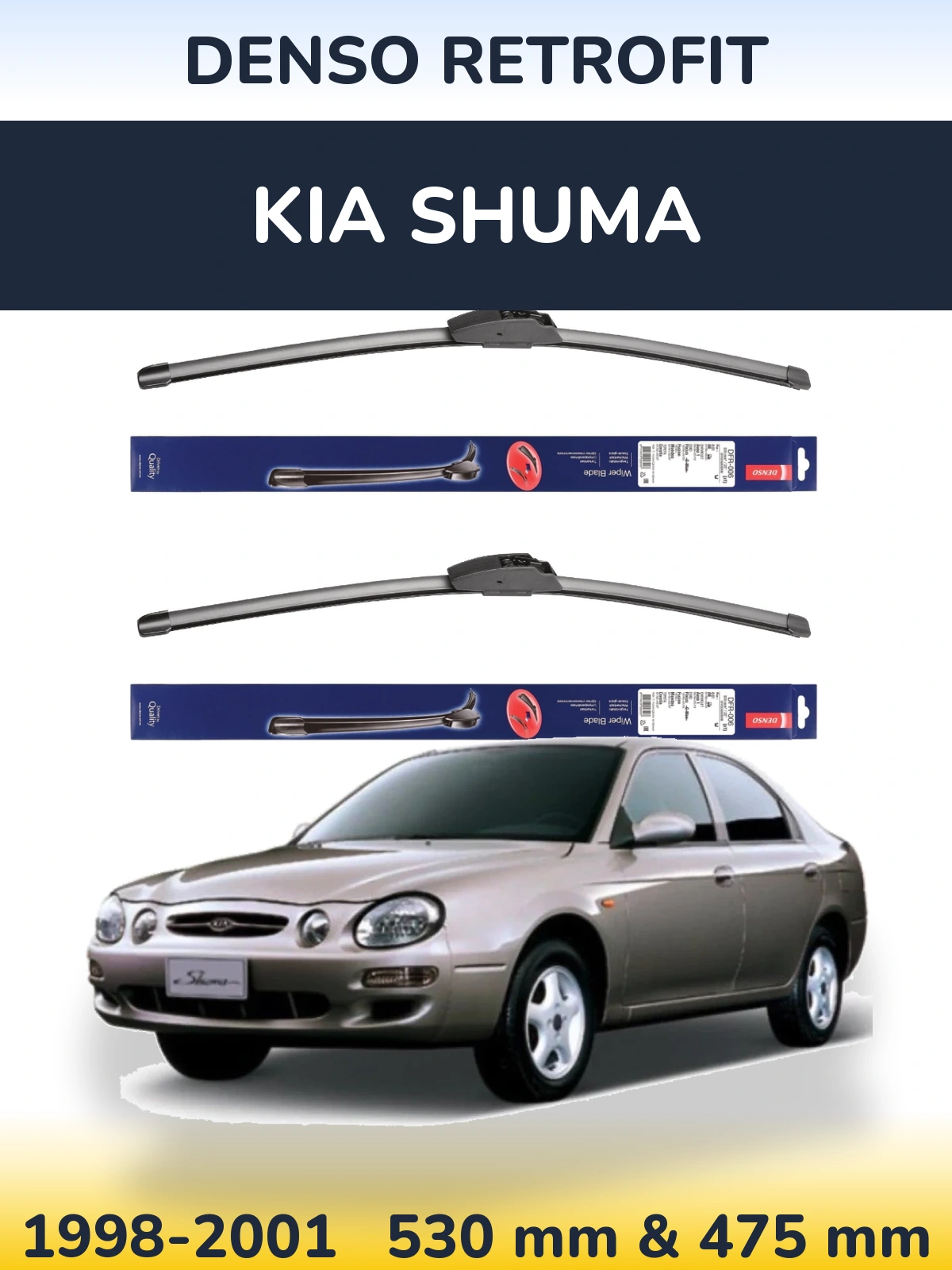 Front wiper blade set Denso Retrofit 530 & 475 mm for KIA Shuma 1998-2001