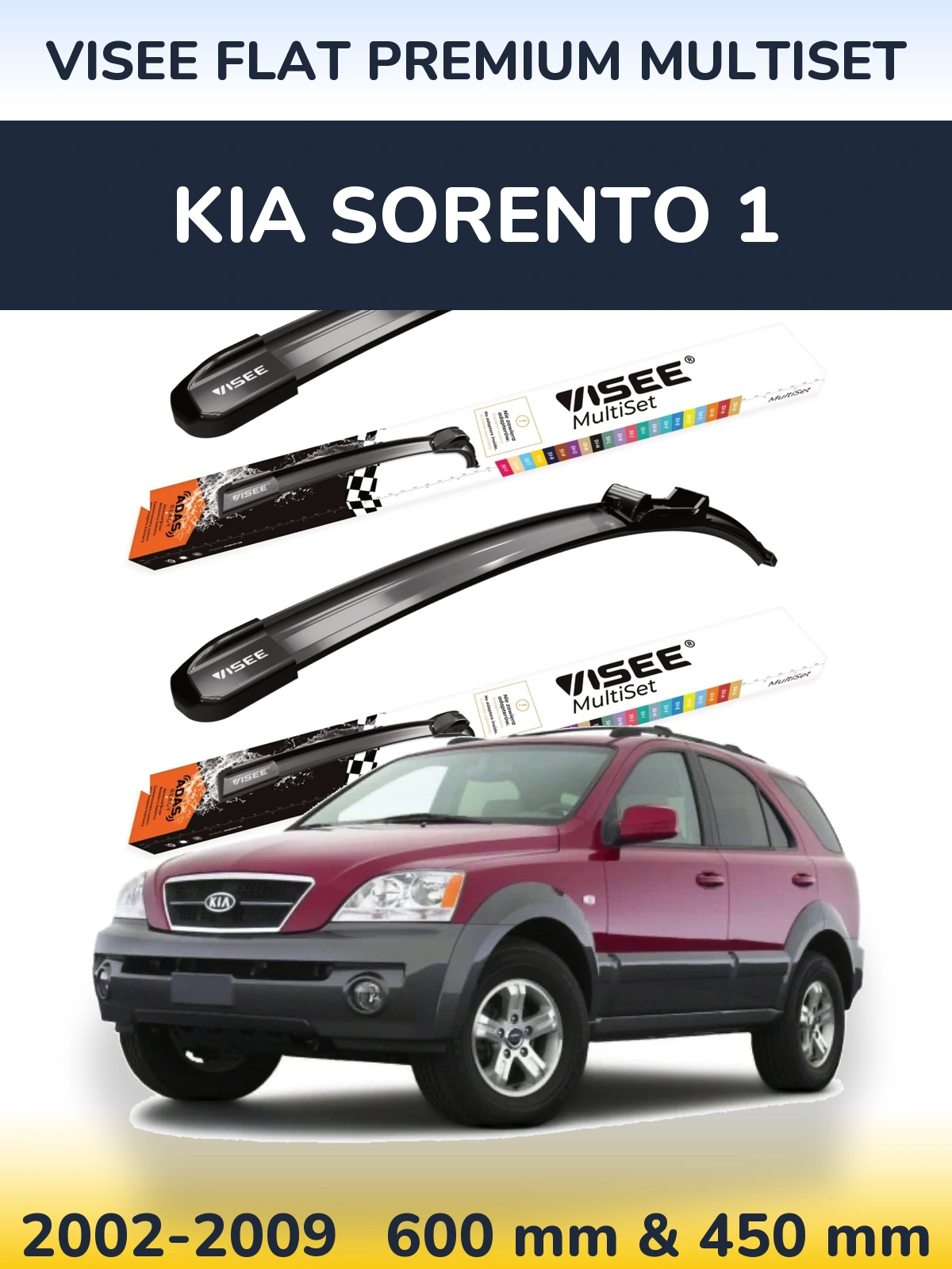 Front wiper blade set VISEE FLAT PREMIUM MultiSet 600 & 450 mm for KIA Sorento 1 2002-2009