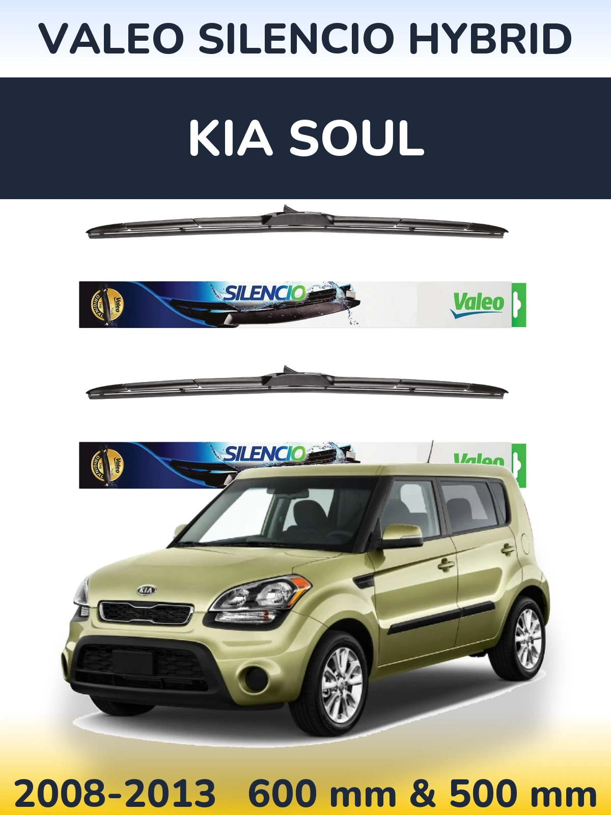 Front wiper blade set Valeo Silencio Hybrid 600 & 500 mm for KIA Soul 2008-2013