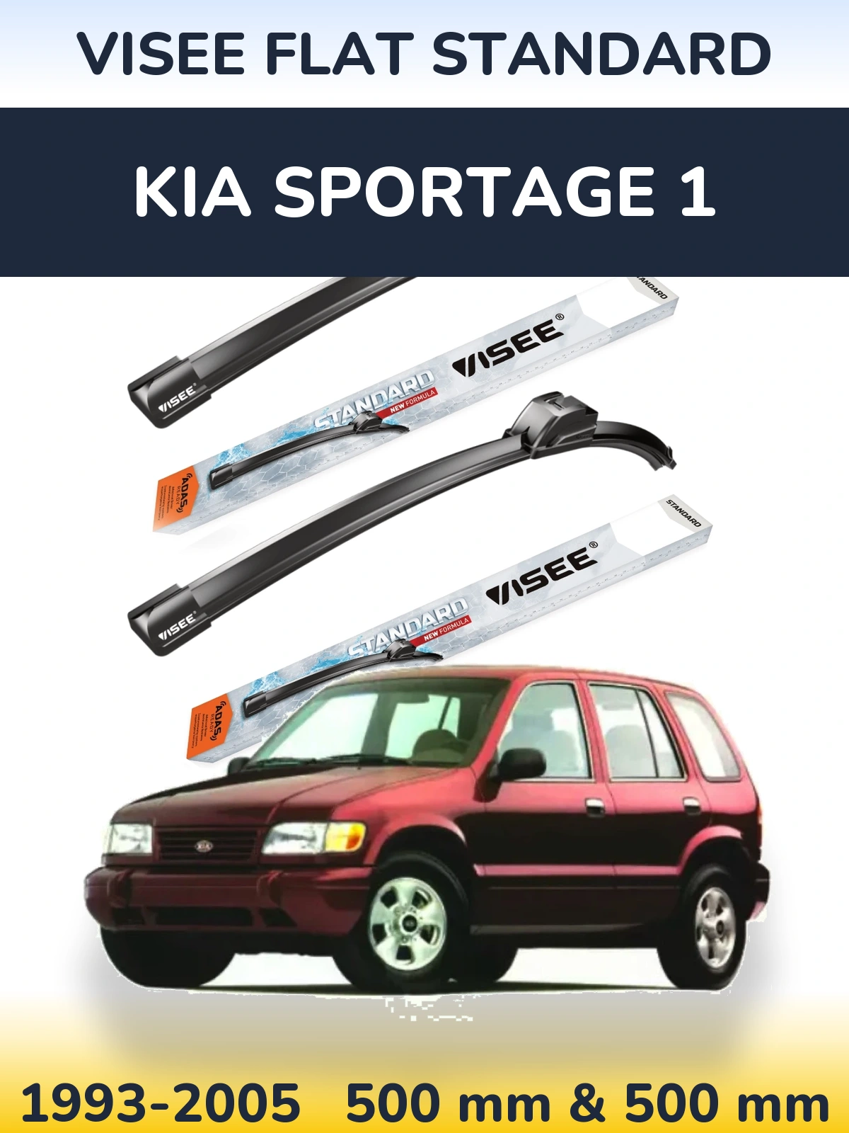 Front wiper blade set VISEE FLAT STANDARD 500 & 500 mm for KIA Sportage 1 1993-2005