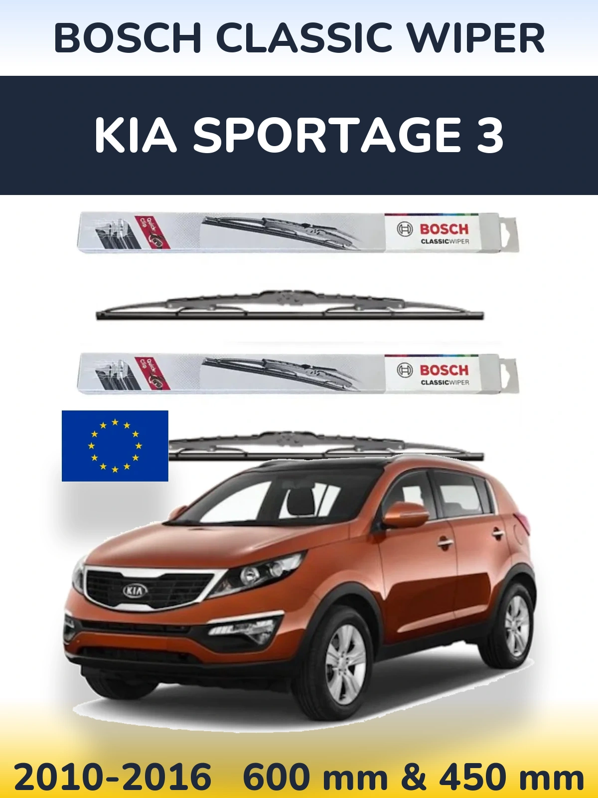 Front wiper blade set BOSCH Classic Wiper 600 & 450 mm for KIA Sportage 3 2010-2016