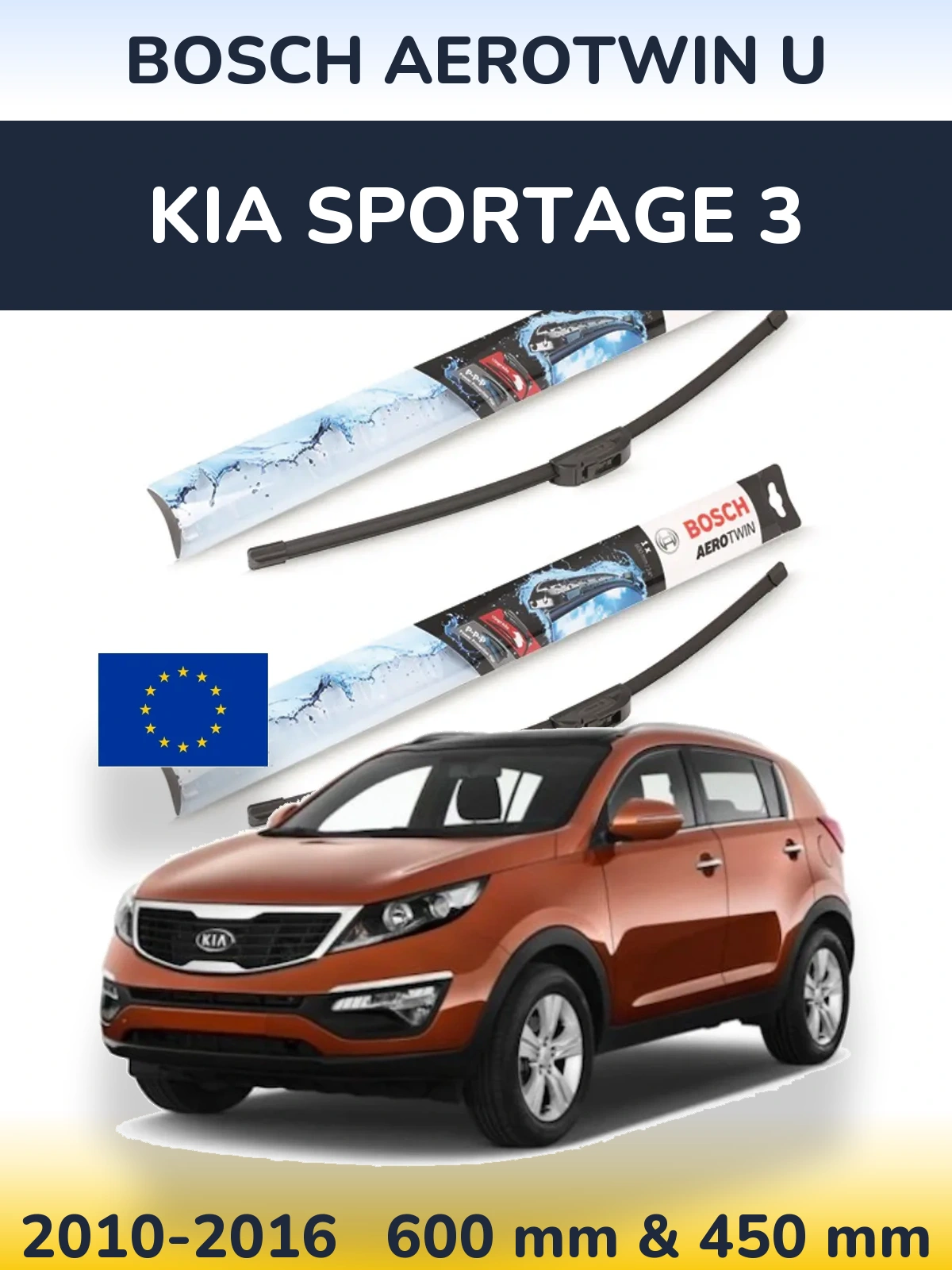 Front wiper blade set BOSCH AeroTwin U 600 & 450 mm for KIA Sportage 3 2010-2016
