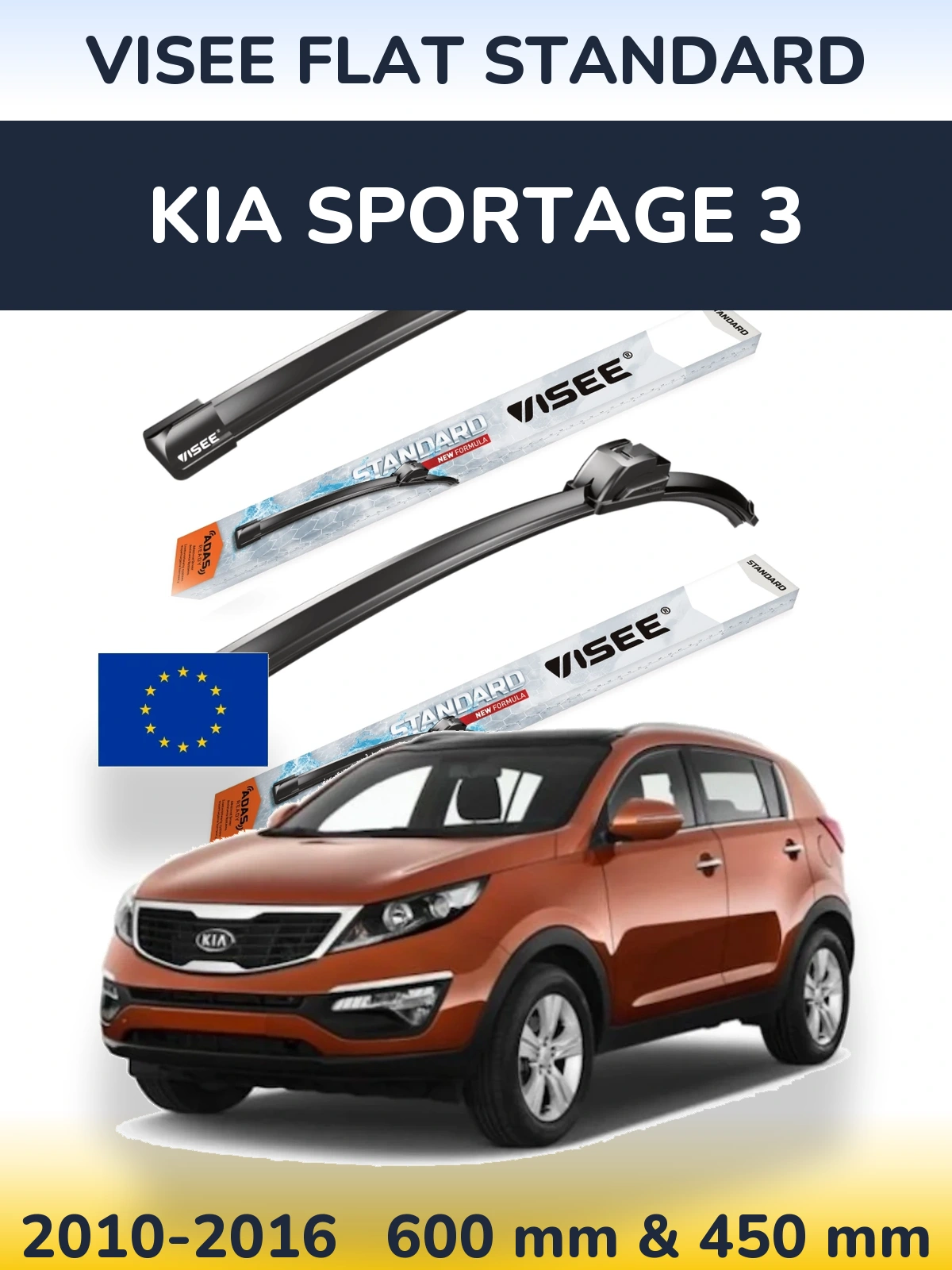 Front wiper blade set VISEE FLAT STANDARD 600 & 450 mm for KIA Sportage 3 2010-2016