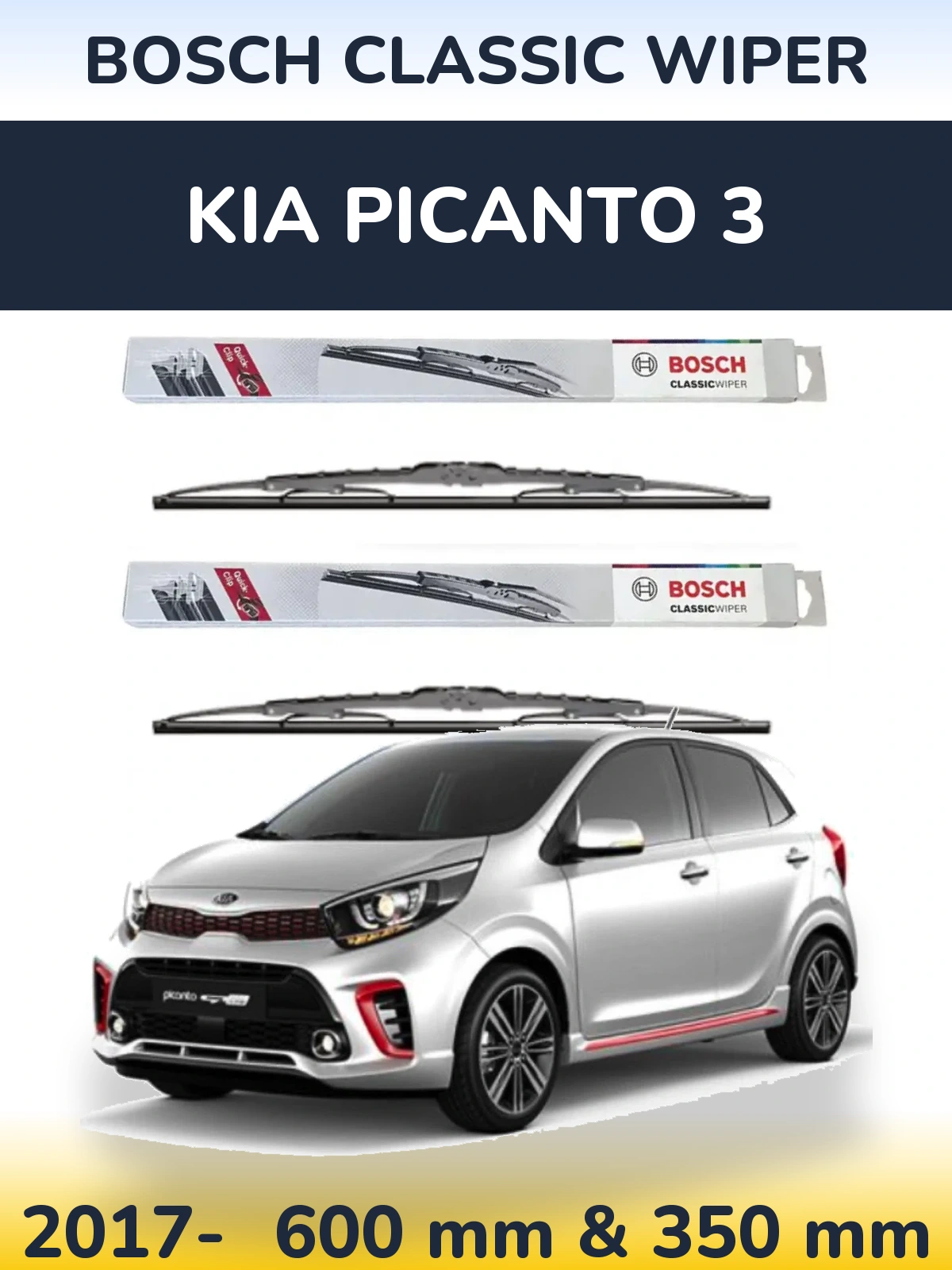 Front wiper blade set BOSCH Classic Wiper 600 & 340 mm for KIA Picanto 3 2017-2026