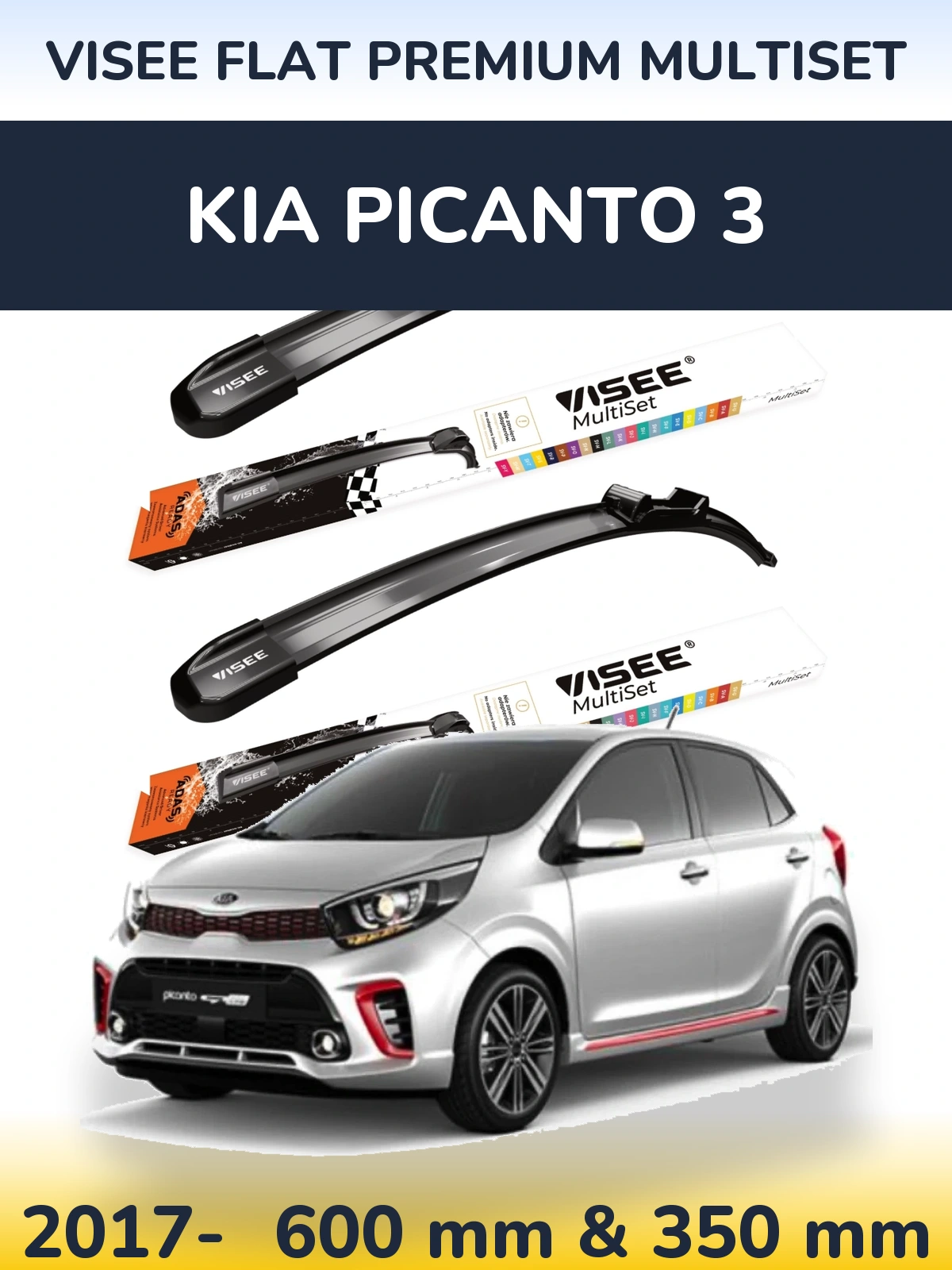 Front wiper blade set VISEE FLAT PREMIUM MultiSet 600 & 350 mm for KIA Picanto 3 2017-2026