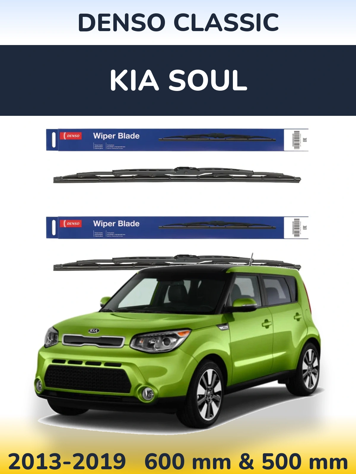 Front wiper blade set Denso Classic 600 & 500 mm for KIA Soul 2013-2019