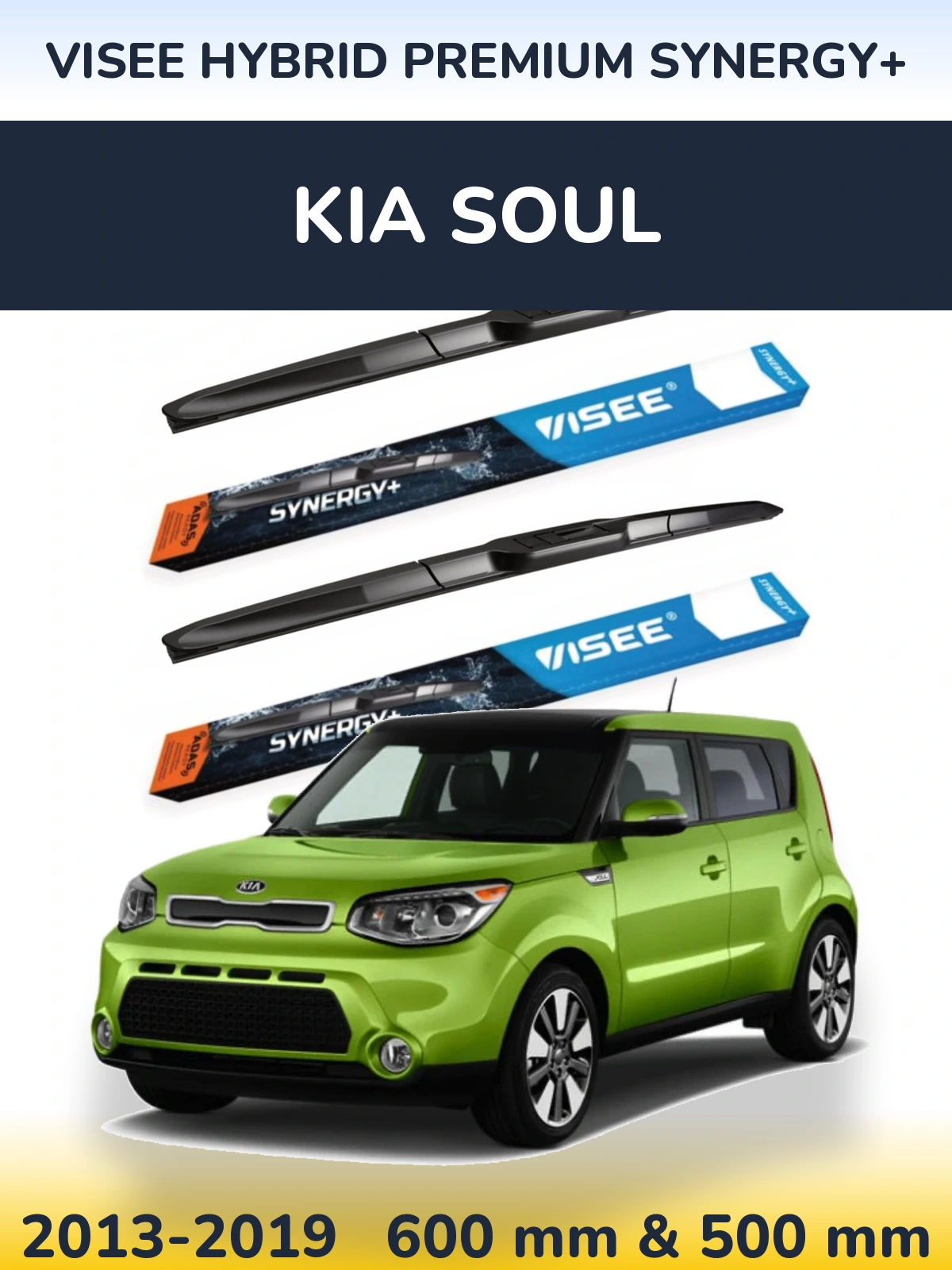 Front wiper blade set VISEE HYBRID PREMIUM SYNERGY+ 600 & 500 mm for KIA Soul 2013-2019