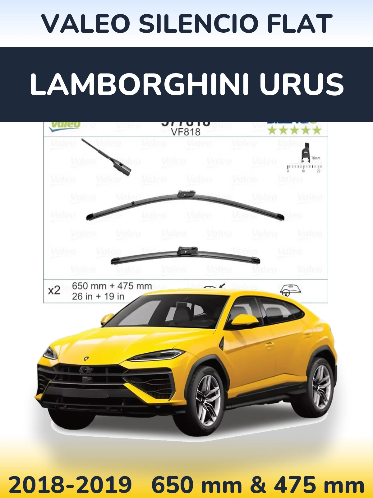 Front wiper blade set Valeo Silencio Flat 650 & 475 mm for Lamborghini Urus 2018-2019