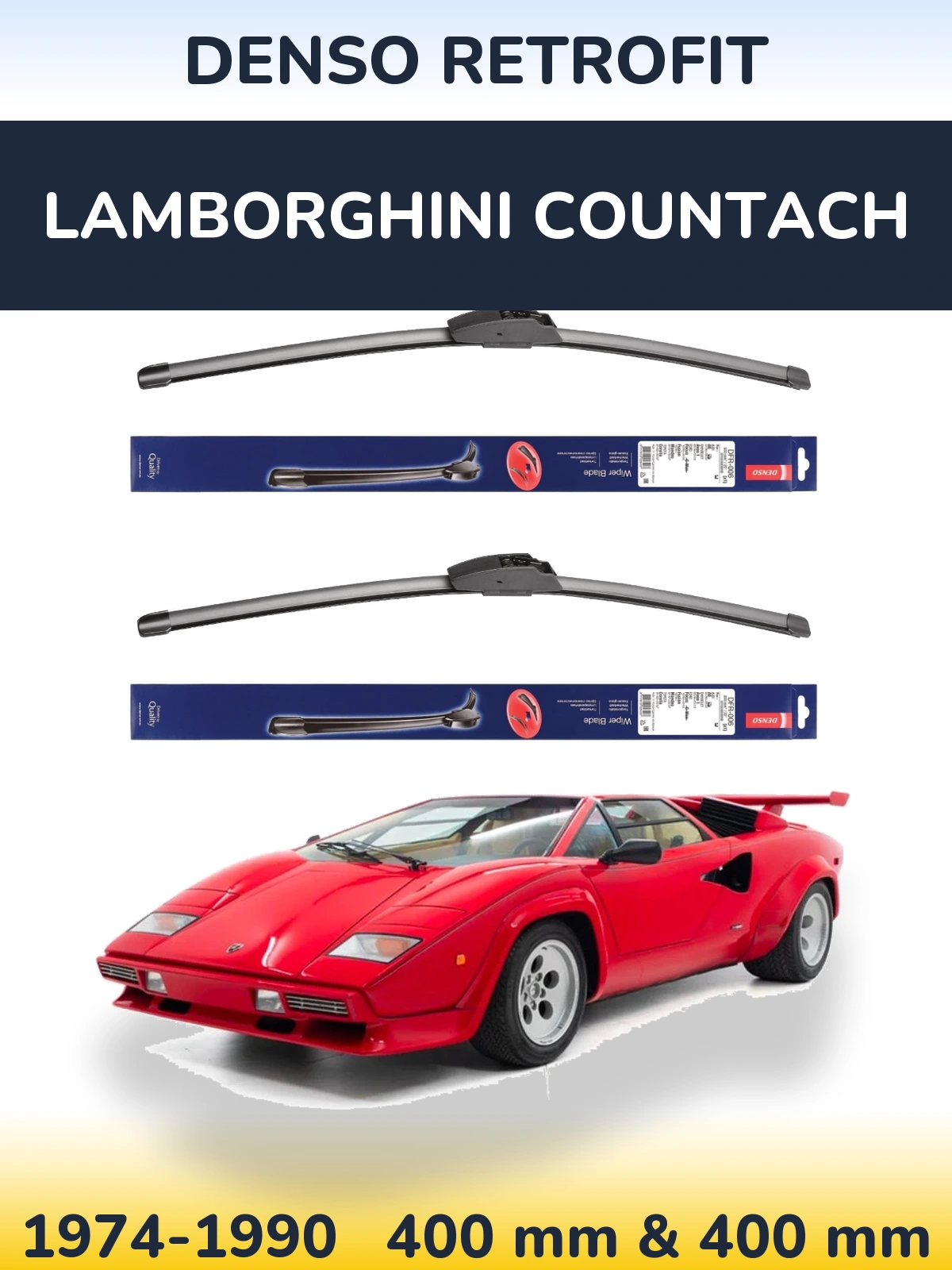 Front wiper blade set Denso Retrofit 400 & 400 mm for Lamborghini Countach 1974-1990