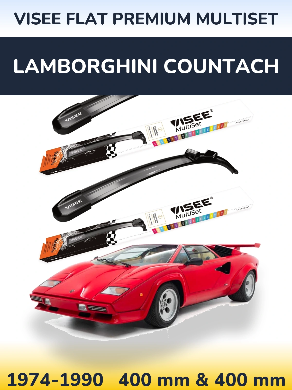 Front wiper blade set VISEE FLAT PREMIUM MultiSet 400 & 400 mm for Lamborghini Countach 1974-1990
