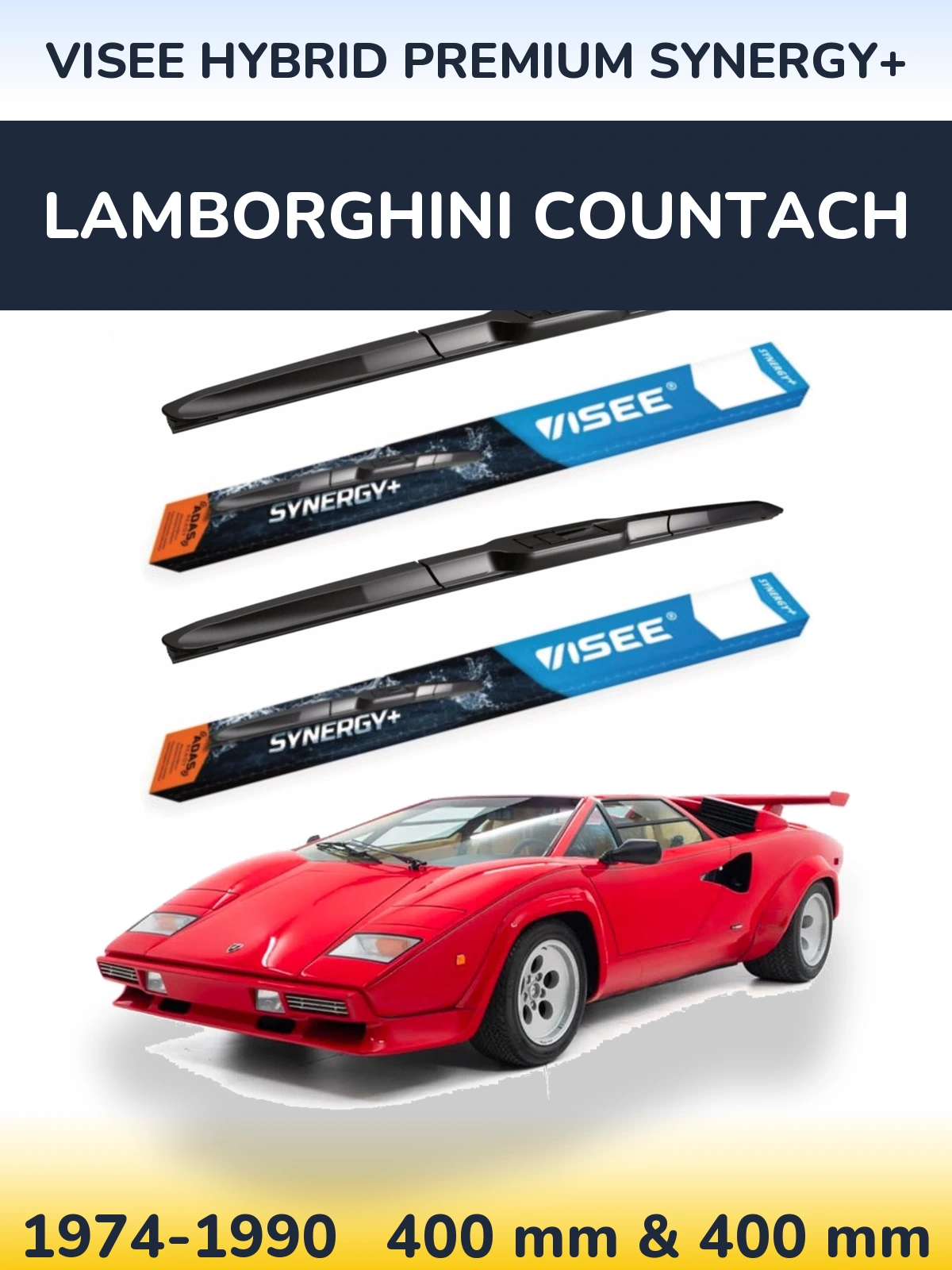 Front wiper blade set VISEE HYBRID PREMIUM SYNERGY+ 400 & 400 mm for Lamborghini Countach 1974-1990