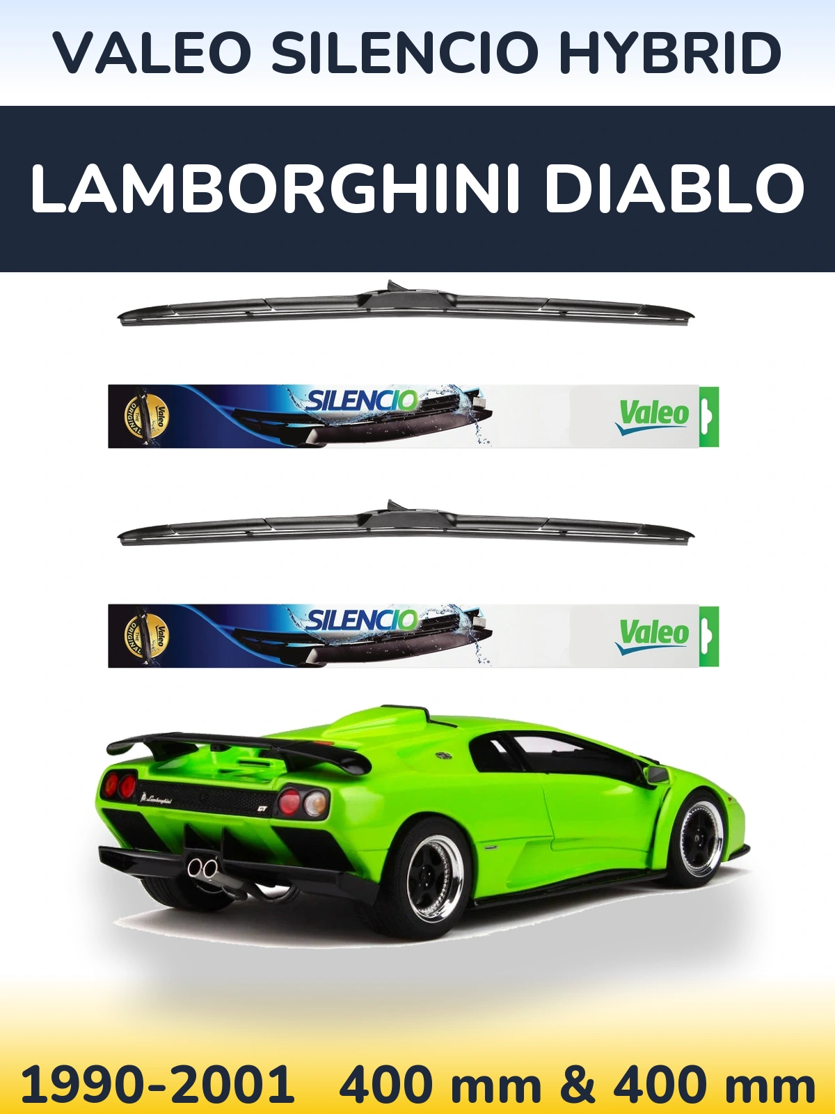 Front wiper blade set Valeo Silencio Hybrid 400 & 400 mm for Lamborghini Diablo 1990-2001