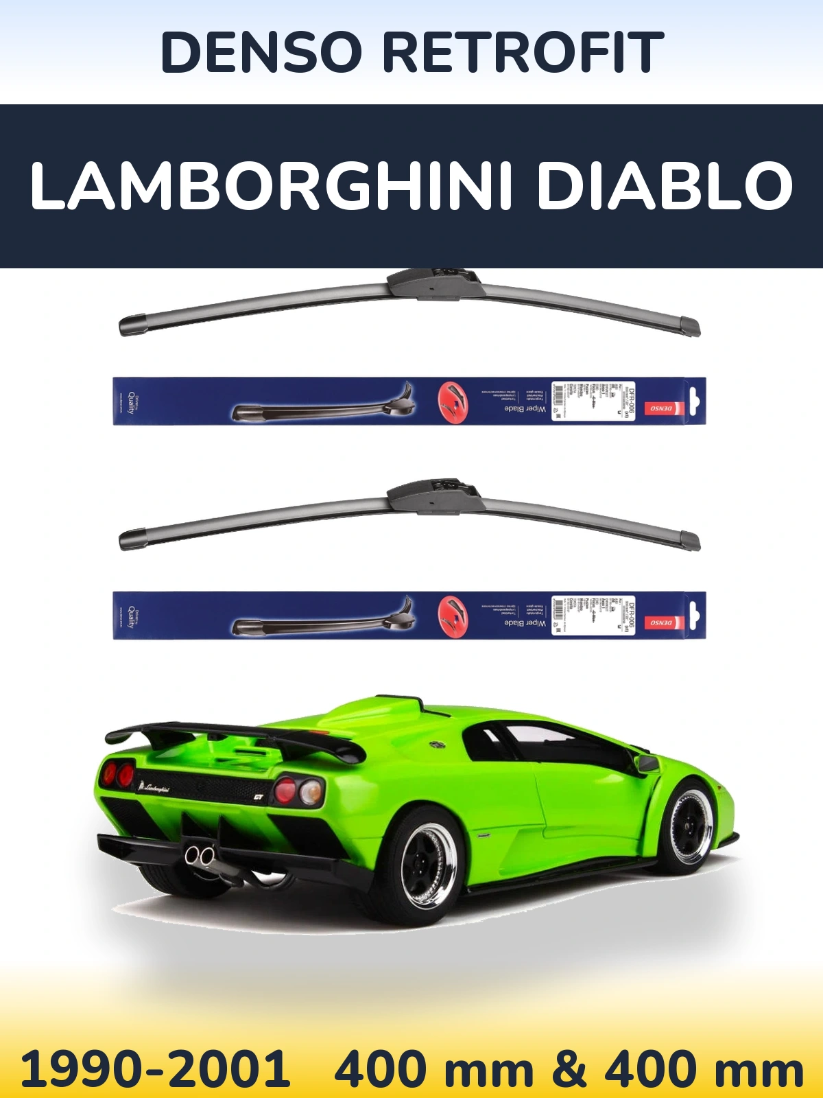 Front wiper blade set Denso Retrofit 400 & 400 mm for Lamborghini Diablo 1990-2001