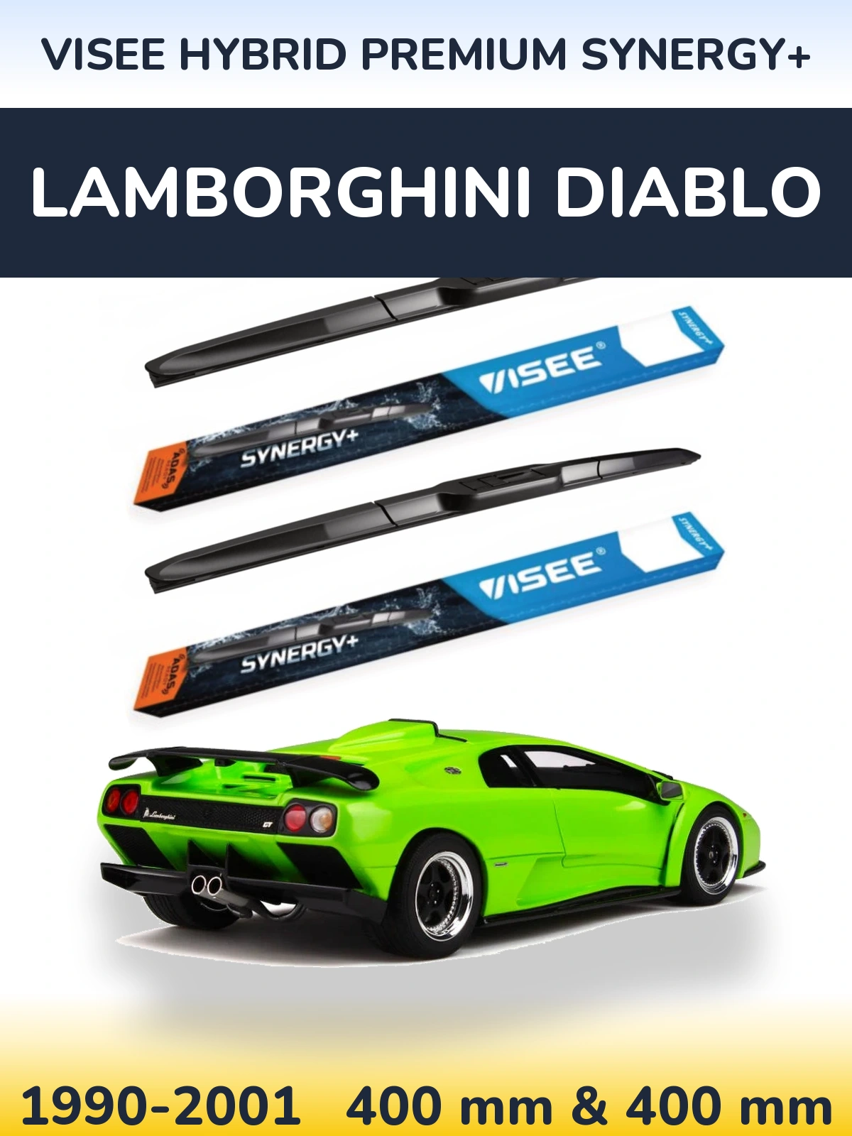 Front wiper blade set VISEE HYBRID PREMIUM SYNERGY+ 400 & 400 mm for Lamborghini Diablo 1990-2001