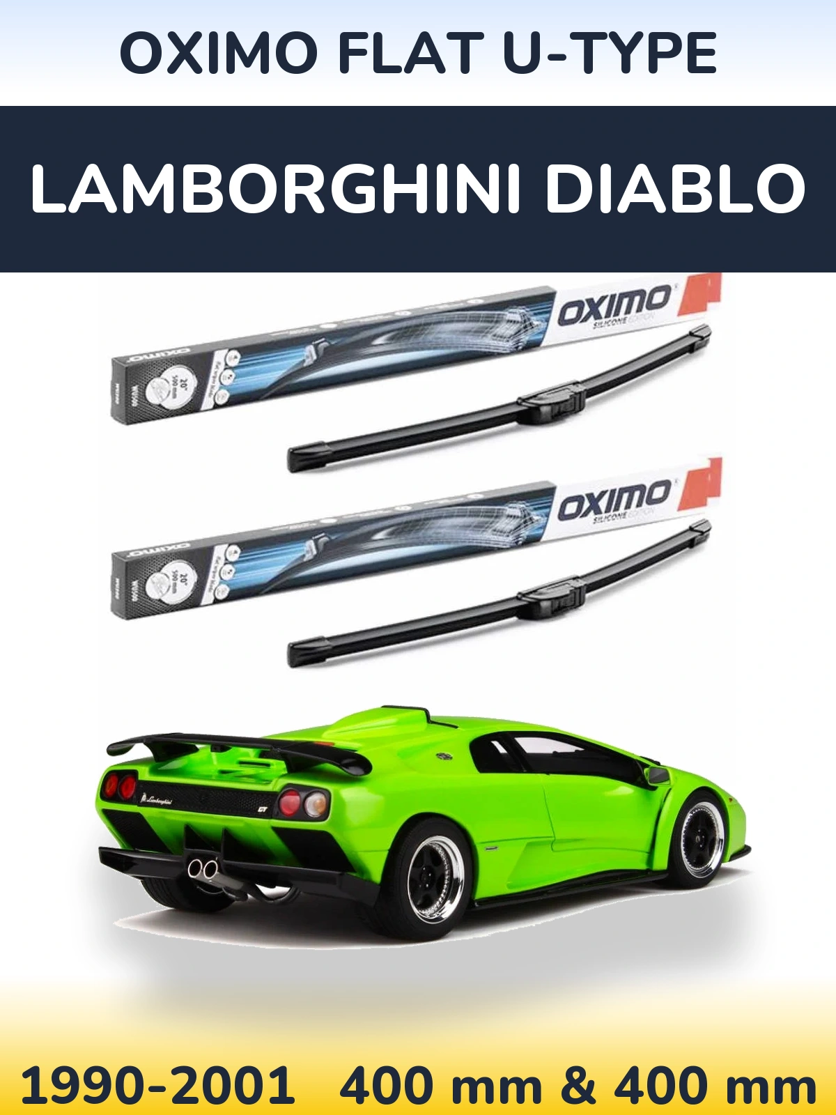 Front wiper blade set Oximo Flat U-type 400 & 400 mm for Lamborghini Diablo 1990-2001