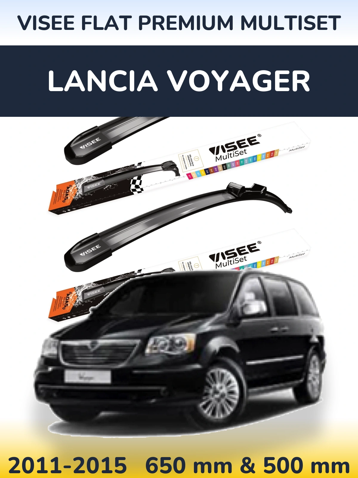 Front wiper blade set VISEE FLAT PREMIUM MultiSet 650 & 500 mm for Lancia Voyager 2011-2015