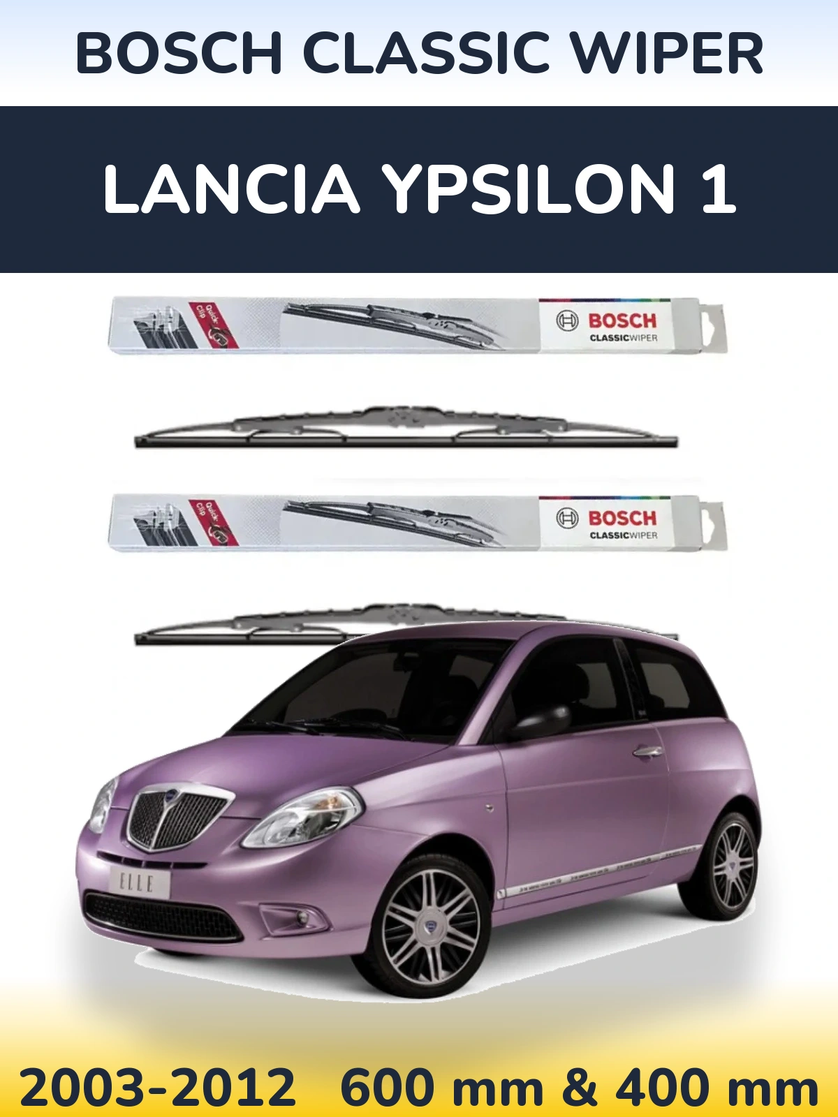 Front wiper blade set BOSCH Classic Wiper 600 & 400 mm for Lancia Ypsilon 1 2003-2012