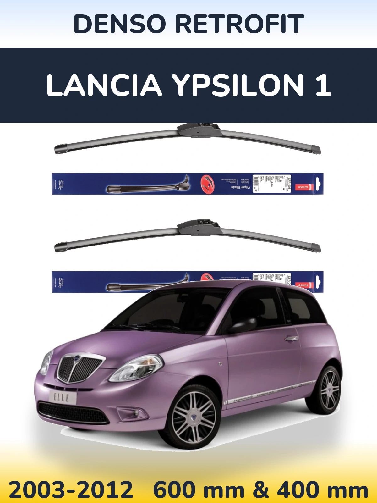 Front wiper blade set Denso Retrofit 600 & 400 mm for Lancia Ypsilon 1 2003-2012