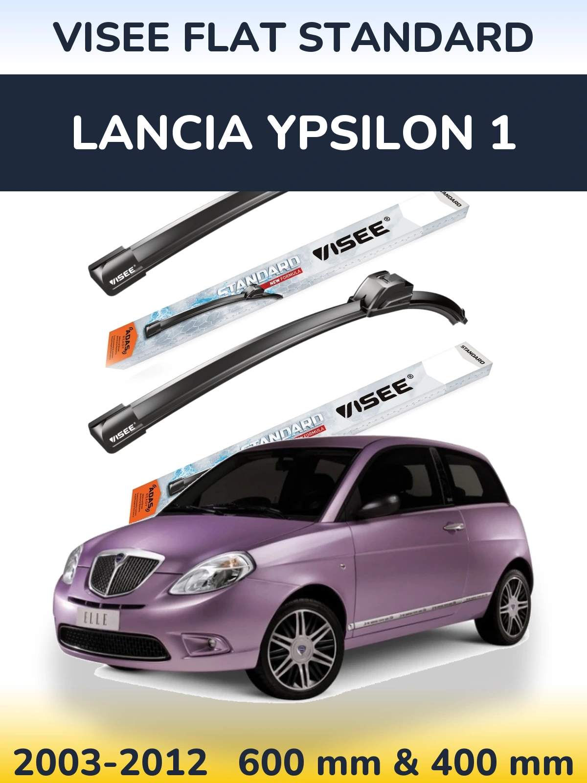 Front wiper blade set VISEE FLAT STANDARD 600 & 400 mm for Lancia Ypsilon 1 2003-2012