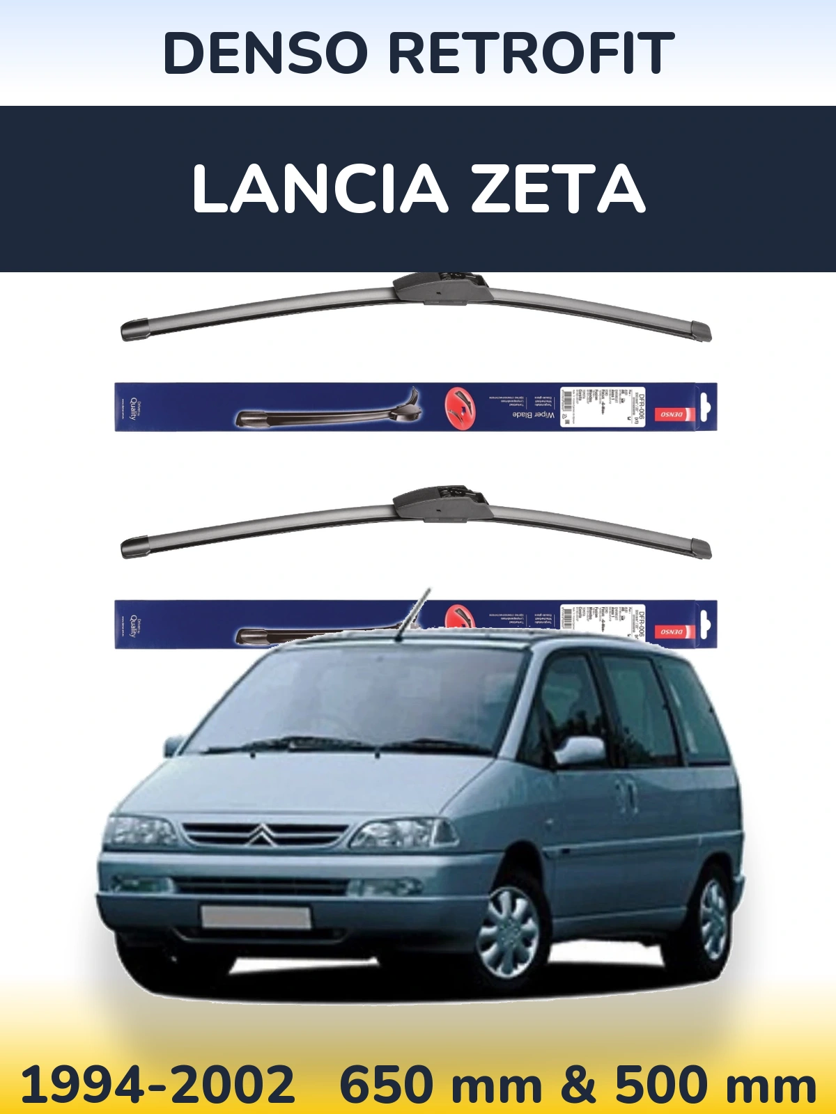 Front wiper blade set Denso Retrofit 650 & 500 mm for Lancia Zeta 1994-2002