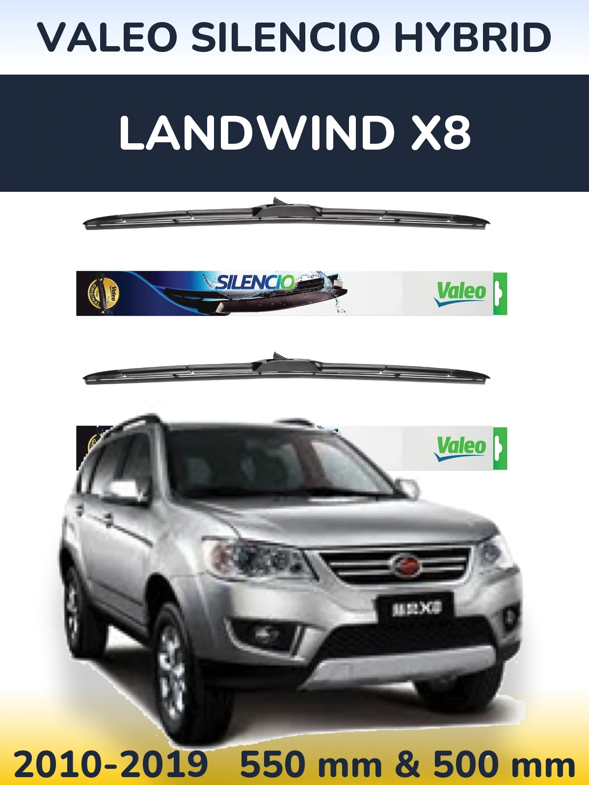 Front wiper blade set Valeo Silencio Hybrid 550 & 500 mm for Landwind X8 2010-2019