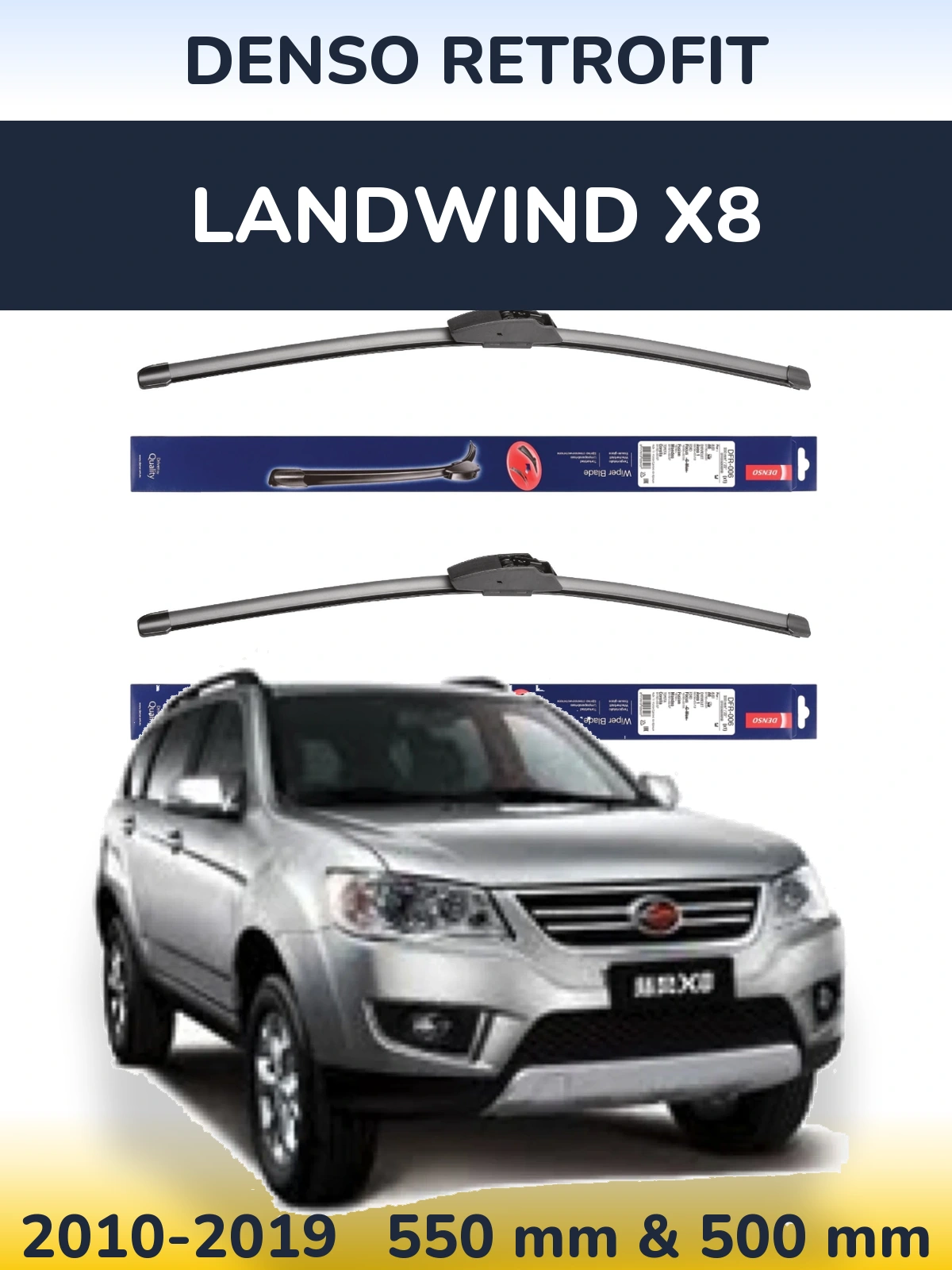Front wiper blade set Denso Retrofit 550 & 500 mm for Landwind X8 2010-2019