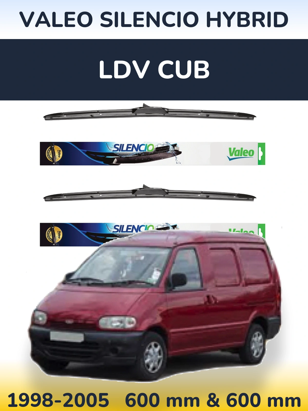 Front wiper blade set Valeo Silencio Hybrid 600 & 600 mm for LDV Cub 1998-2005