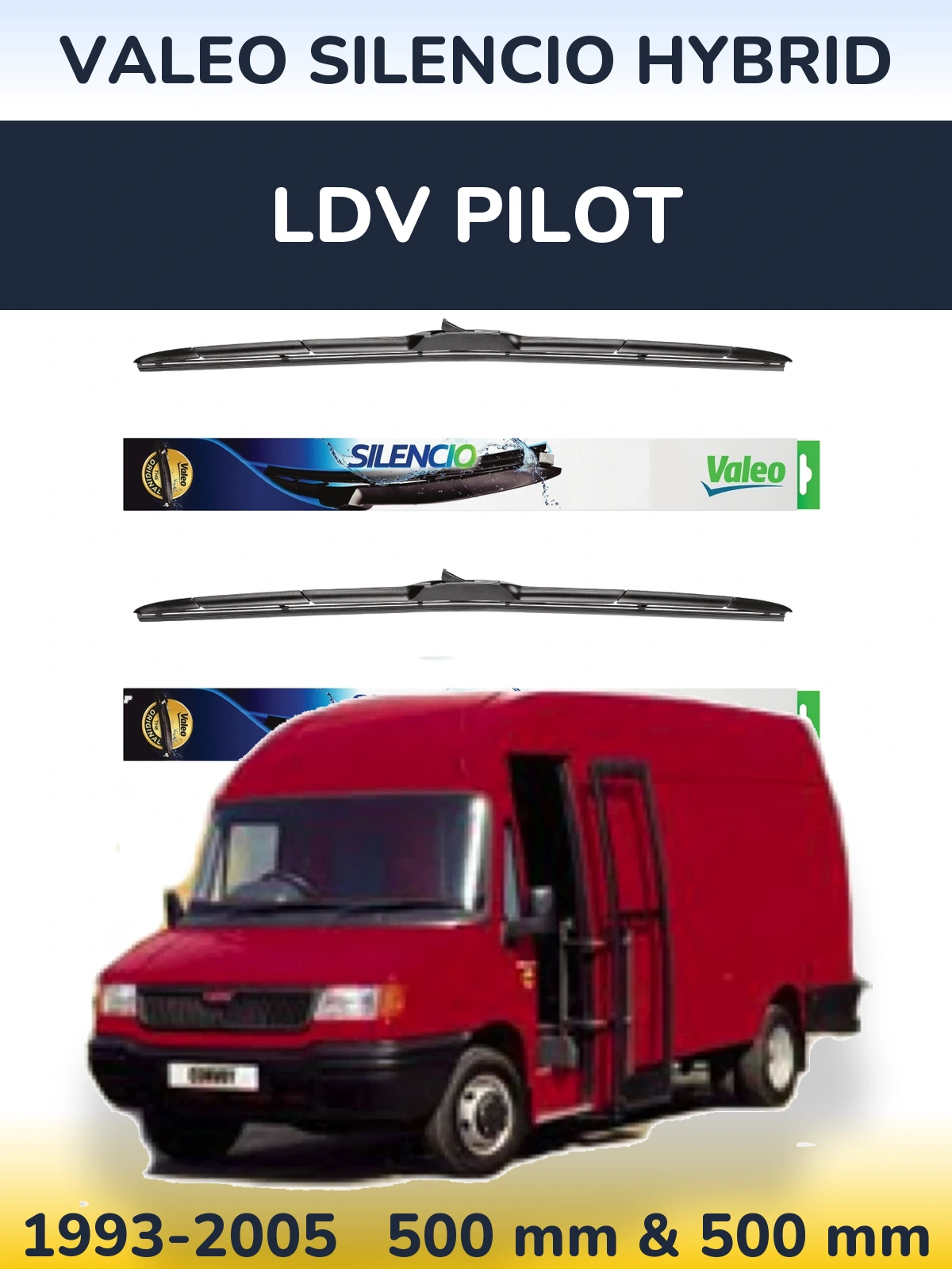 Front wiper blade set Valeo Silencio Hybrid 500 & 500 mm for LDV Pilot 1993-2005