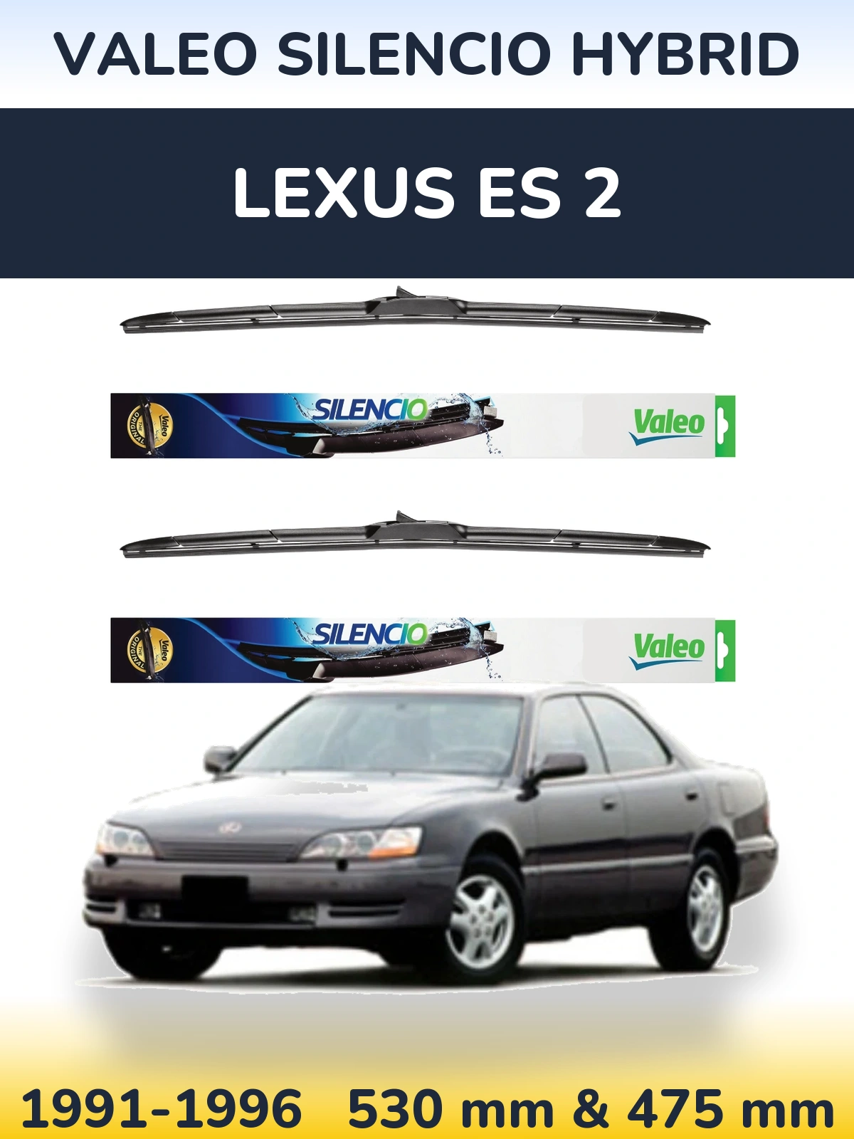 Front wiper blade set Valeo Silencio Hybrid 530 & 475 mm for Lexus ES 2 1991-1996
