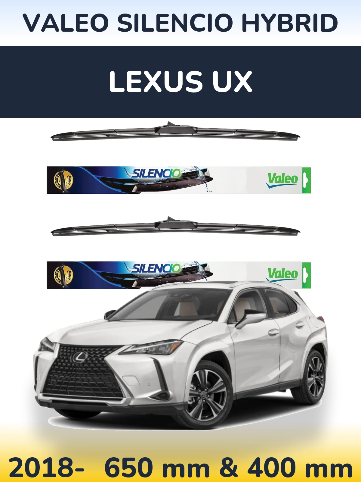 Front wiper blade set Valeo Silencio Hybrid 650 & 400 mm for Lexus UX 2018-2026