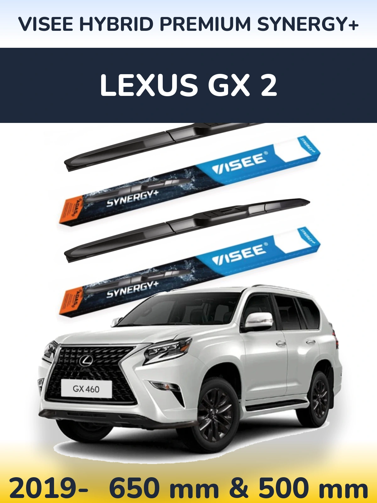 Front wiper blade set VISEE HYBRID PREMIUM SYNERGY+ 650 & 500 mm for Lexus GX 2 2019-2026