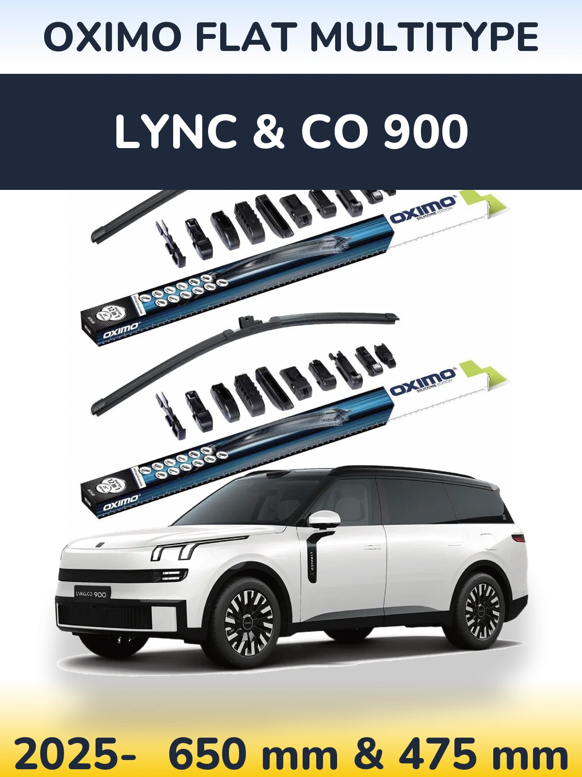 Front wiper blade set Oximo Flat MultiTypee 650 & 475 mm for Lync & Co 900 2025-2026