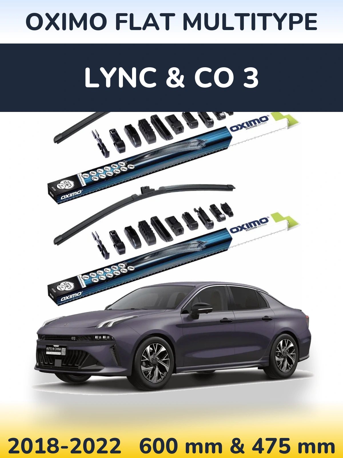 Front wiper blade set Oximo Flat MultiTypee 600 & 475 mm for Lync & Co 3 2018-2022