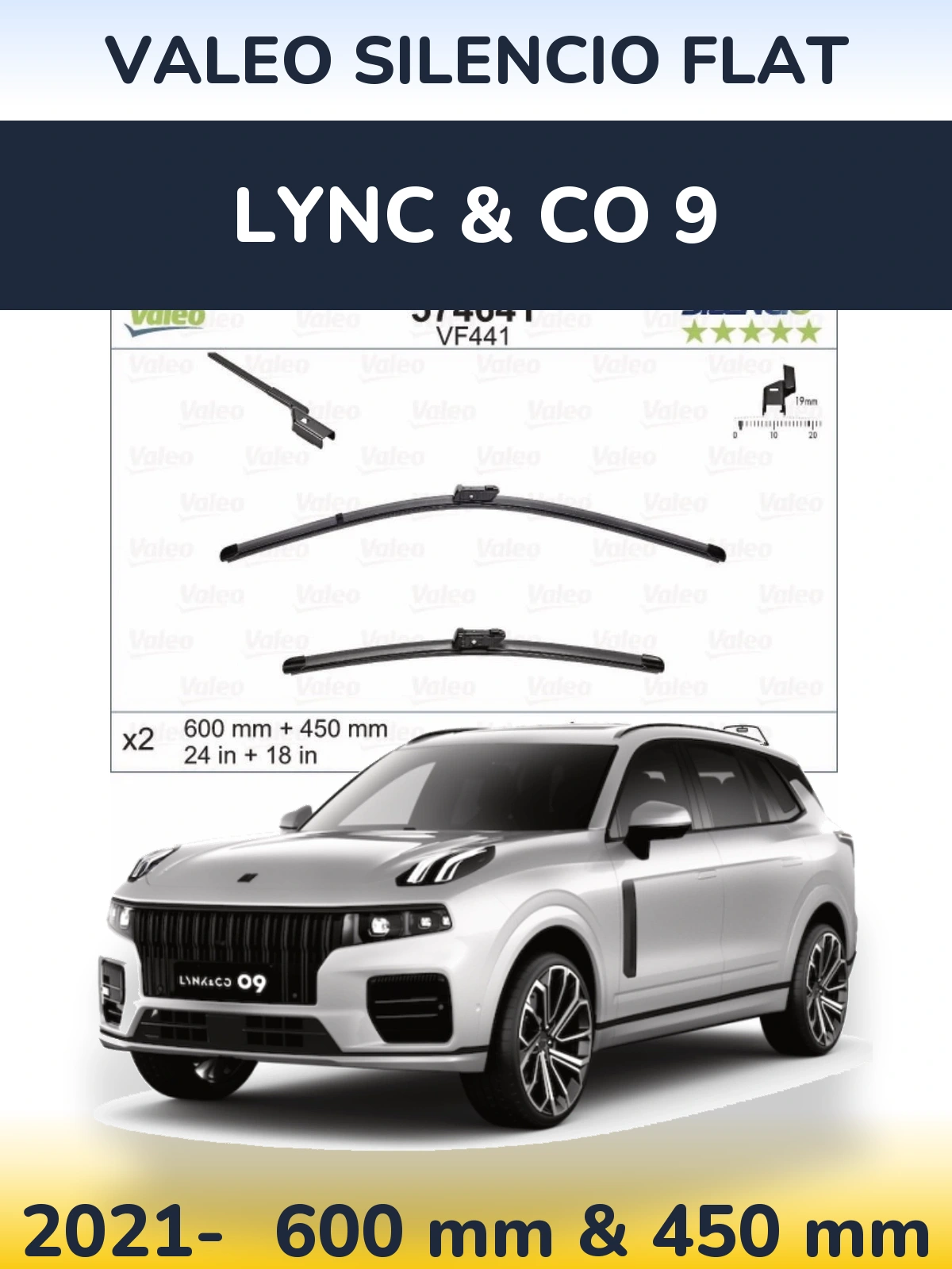 Front wiper blade set Valeo Silencio Flat 600 & 450 mm for Lync & Co 9 2021-2026