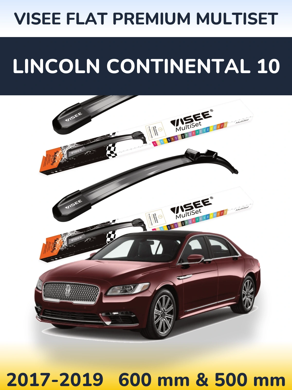 Комплект передних дворников VISEE FLAT PREMIUM MultiSet 600 & 500 мм для Lincoln Continental 10 2017-2019