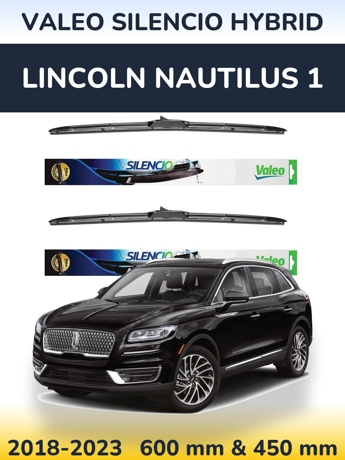 Front wiper blade set Valeo Silencio Hybrid 600 & 450 mm for Lincoln Nautilus 1 2018-2023