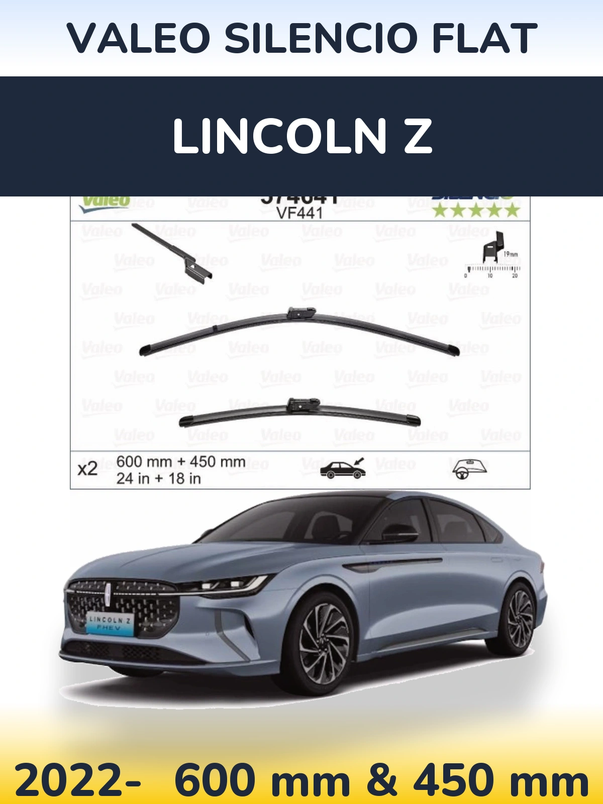 Front wiper blade set Valeo Silencio Flat 600 & 450 mm for Lincoln Z 2022-2026