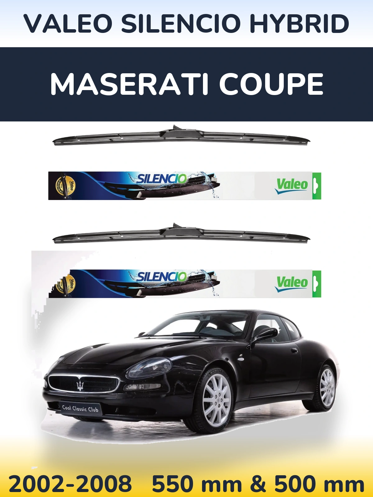 Front wiper blade set Valeo Silencio Hybrid 550 & 500 mm for Maserati Coupe 2002-2008