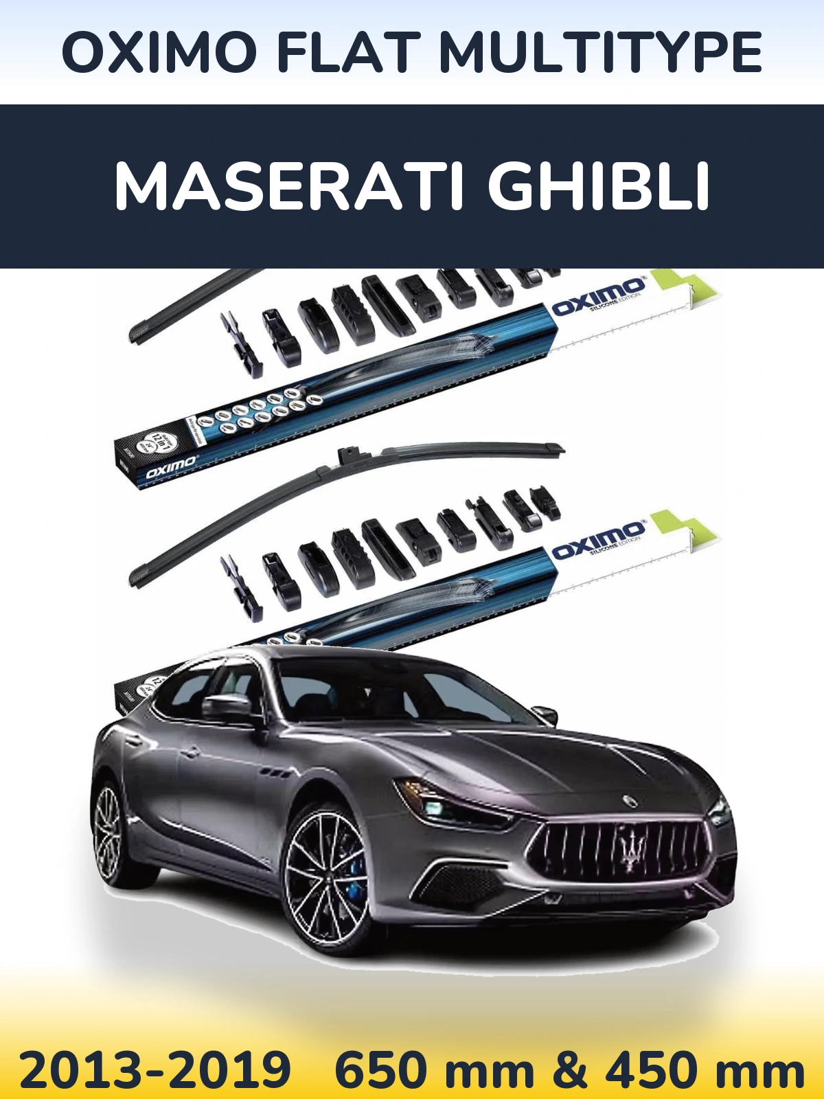 Front wiper blade set Oximo Flat MultiTypee 650 & 450 mm for Maserati Ghibli 2013-2019