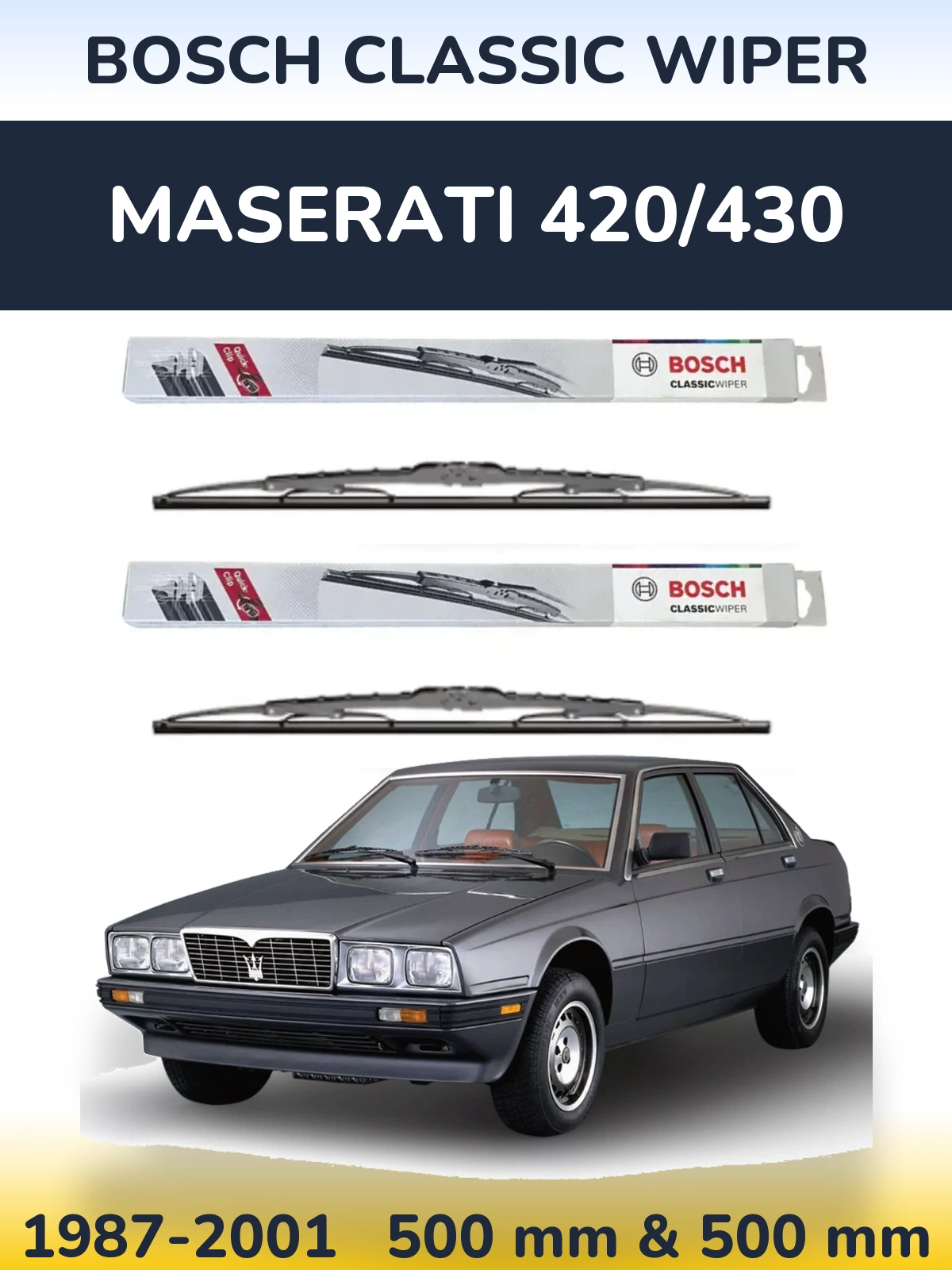 Front wiper blade set BOSCH Classic Wiper 500 & 500 mm for Maserati 420/430 1987-2001