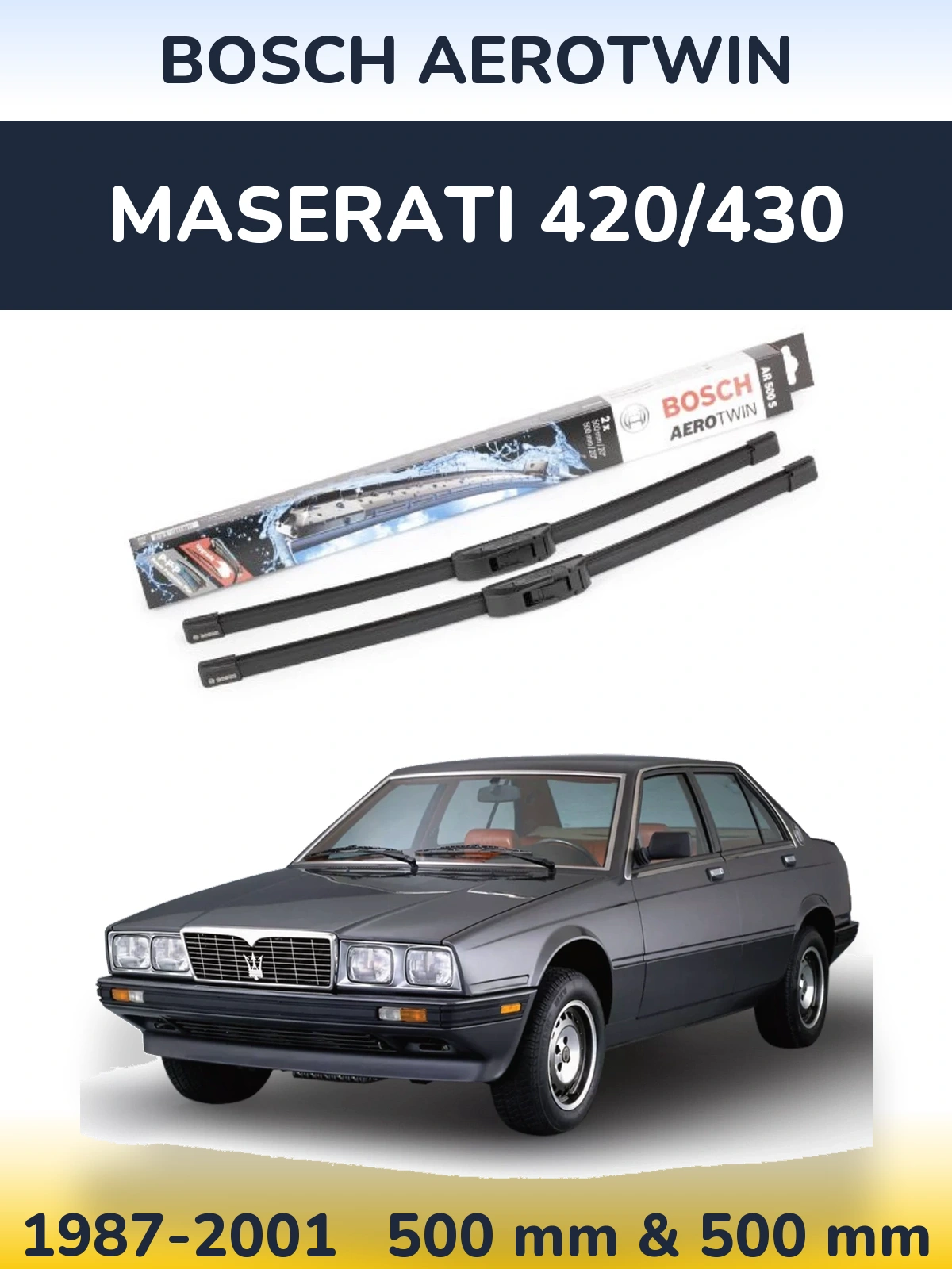 Front wiper blade set BOSCH AeroTwin 500 & 500 mm for Maserati 420/430 1987-2001