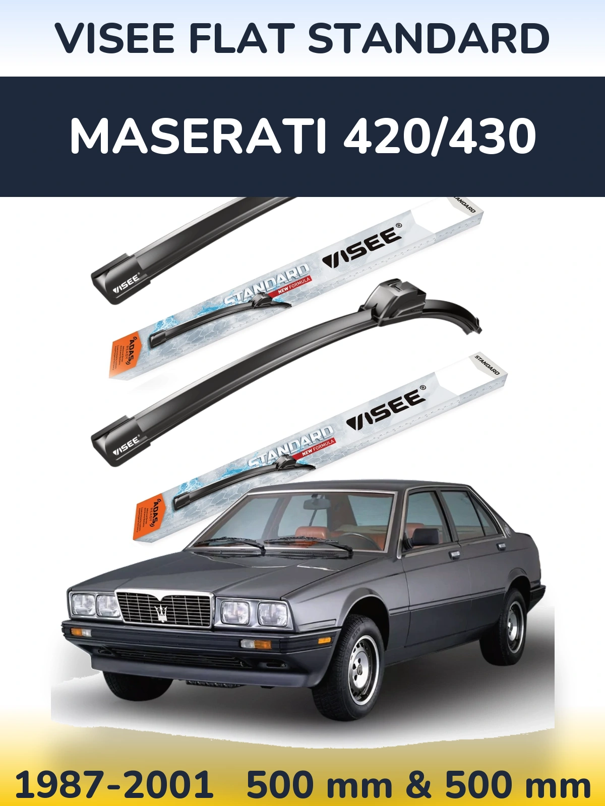 Front wiper blade set VISEE FLAT STANDARD 500 & 500 mm for Maserati 420/430 1987-2001