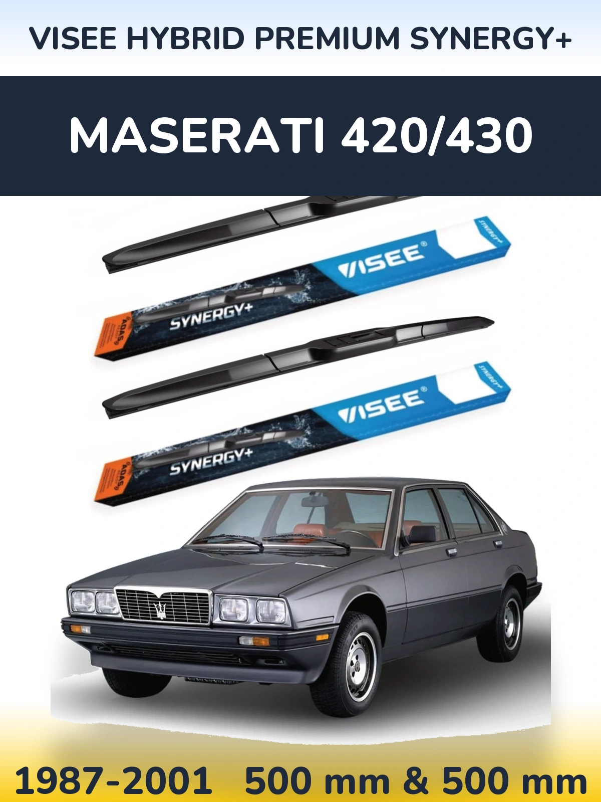 Front wiper blade set VISEE HYBRID PREMIUM SYNERGY+ 500 & 500 mm for Maserati 420/430 1987-2001