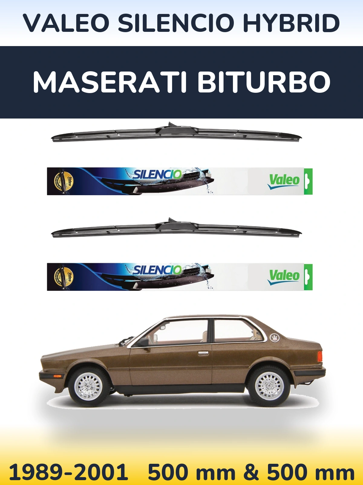 Front wiper blade set Valeo Silencio Hybrid 500 & 500 mm for Maserati Biturbo 1989-2001
